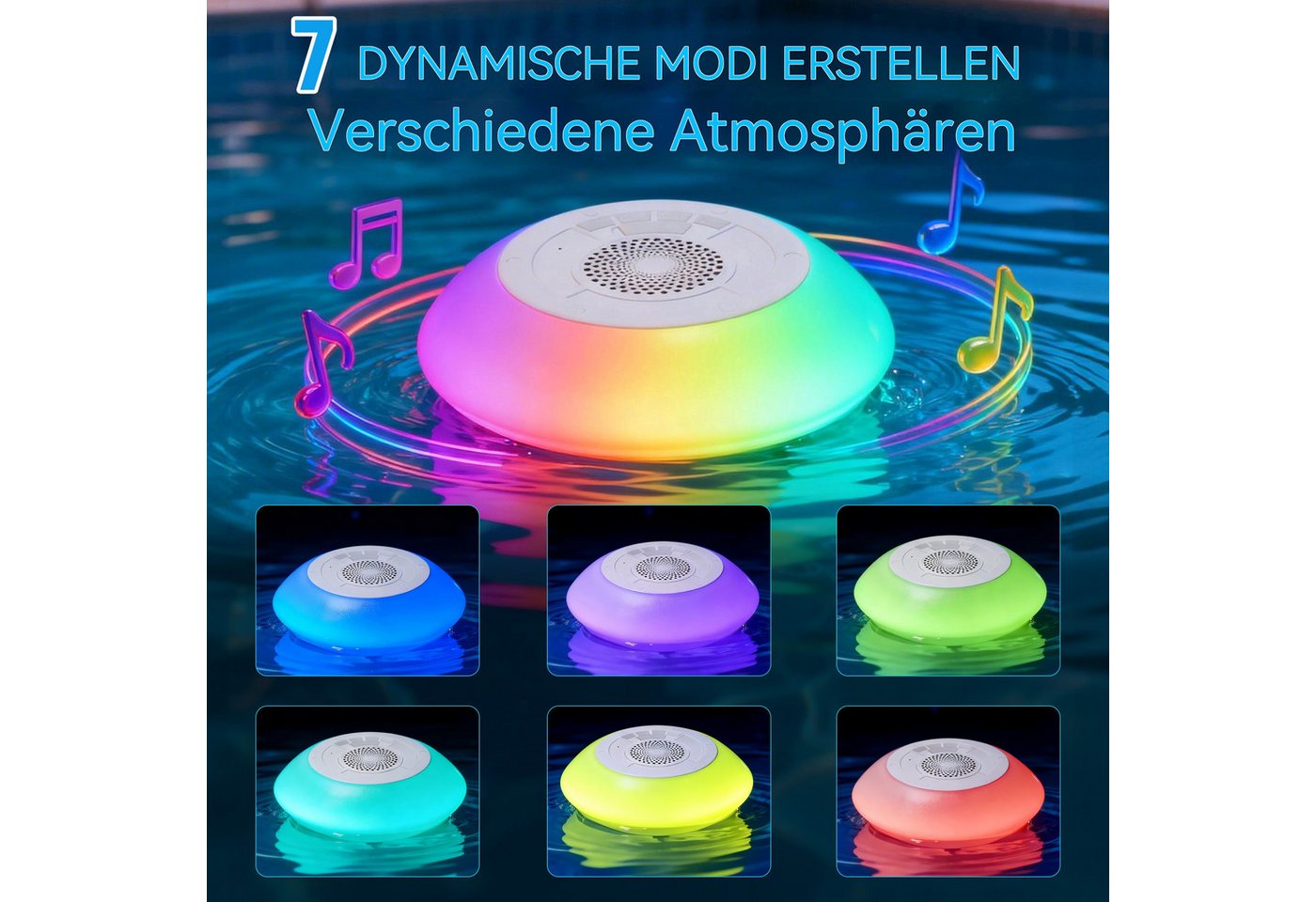 TWUFY Pool-Lampe Pool Lautsprecher mit Lichtern BT Tragbar IPX7 Wasserdicht, RGB, schwimmend mit 8 Modi, integriertes Mikrofon,Freisprecheinrichtung Bild 4