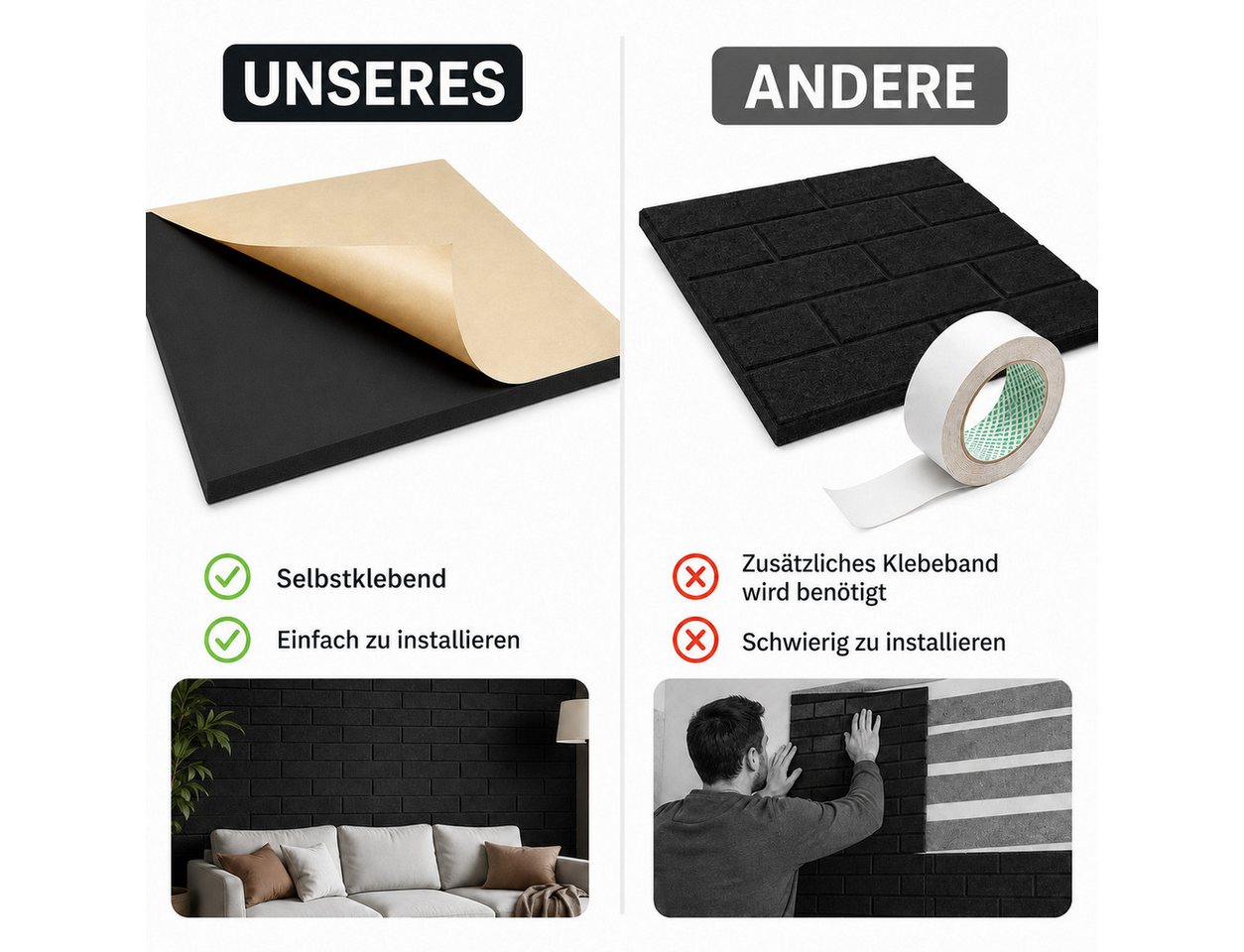 GLIESE POWER Akustikplatte Akustikplatten selbstklebend, 12 Stück – hohe Dichte, ideal für Wände Bild 2