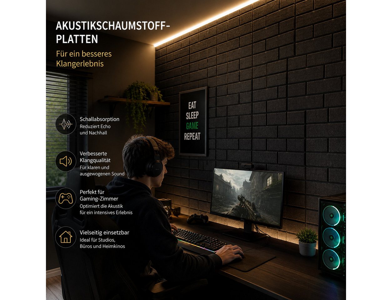 GLIESE POWER Akustikplatte Akustikplatten selbstklebend, 12 Stück – hohe Dichte, ideal für Wände Bild 4