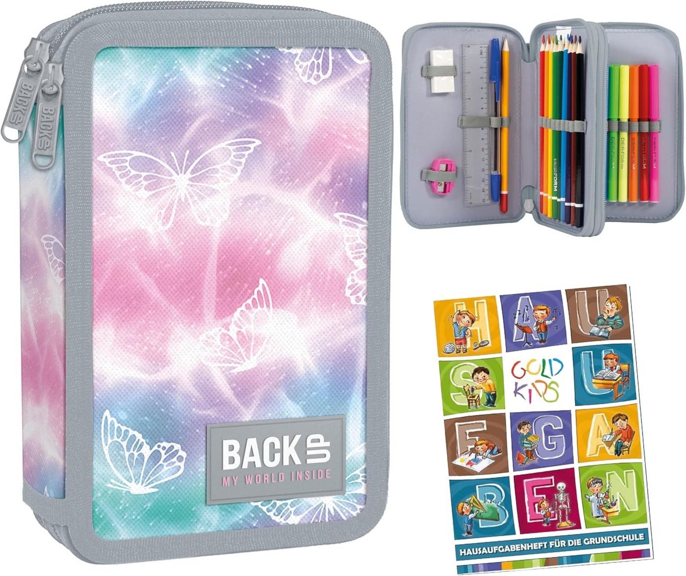 GOLDKIDS Federmäppchen 2 Fächer - Mäppchen für Mädchen - Federmappe, (2-Fach Federtasche Gefüllte Schüleretui, 1-tlg., 32-teilig - Schulmäppchen und), Hausaufgabenheft