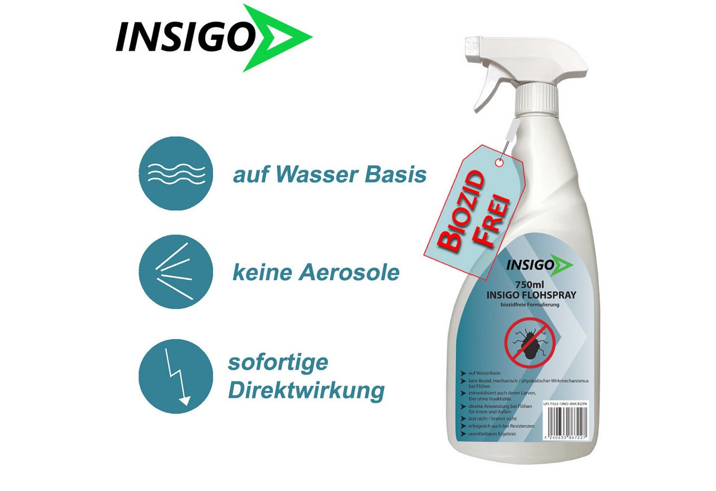 INSIGO Insektenspray Anti Floh-Spray Floh-Mittel Ungezieferspray, 0.75 l, biozidfreie Formel, auf Wasserbasis, geruchsarm, brennt / ätzt nicht Bild 3