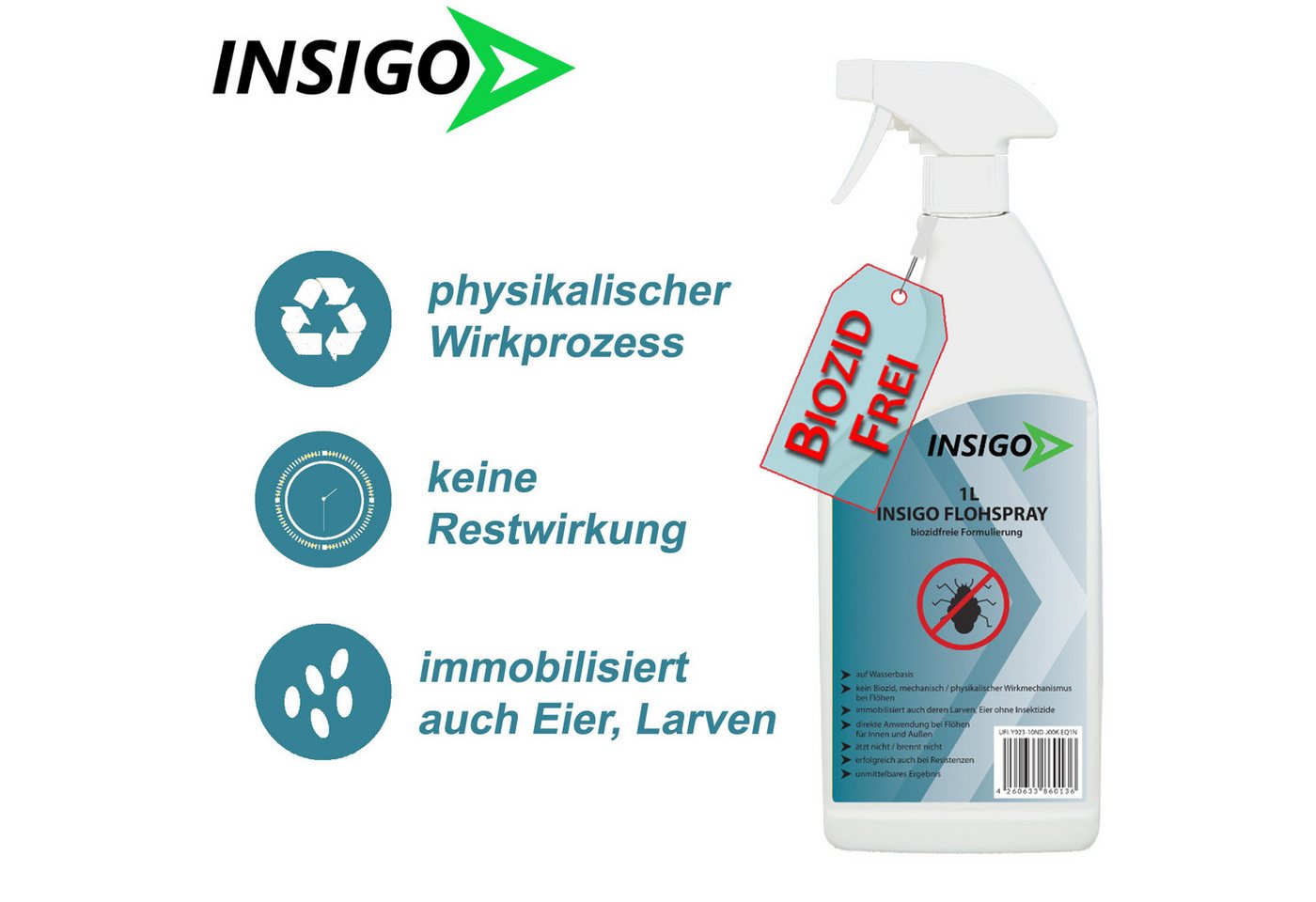 INSIGO Insektenspray Anti Floh-Spray Floh-Mittel Ungezieferspray, 0.75 l, biozidfreie Formel, auf Wasserbasis, geruchsarm, brennt / ätzt nicht Bild 5