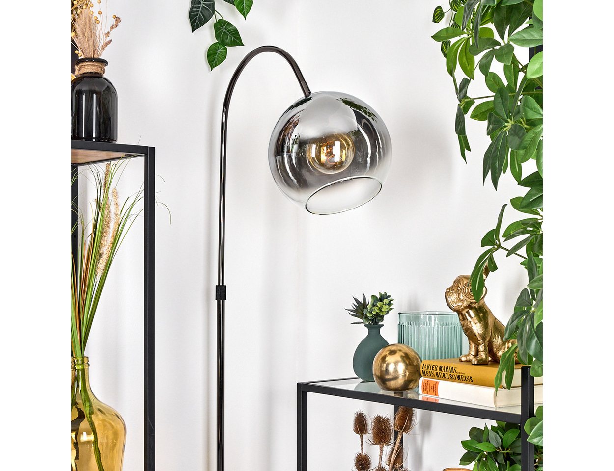 hofstein Bogenlampe Stehlampe aus Metall/Glas in Schwarz/Chrom-/Rauchfarben/Klar, verstellbare Stehleuchte im Retro-Design, Fußschalter, 140 cm, E27