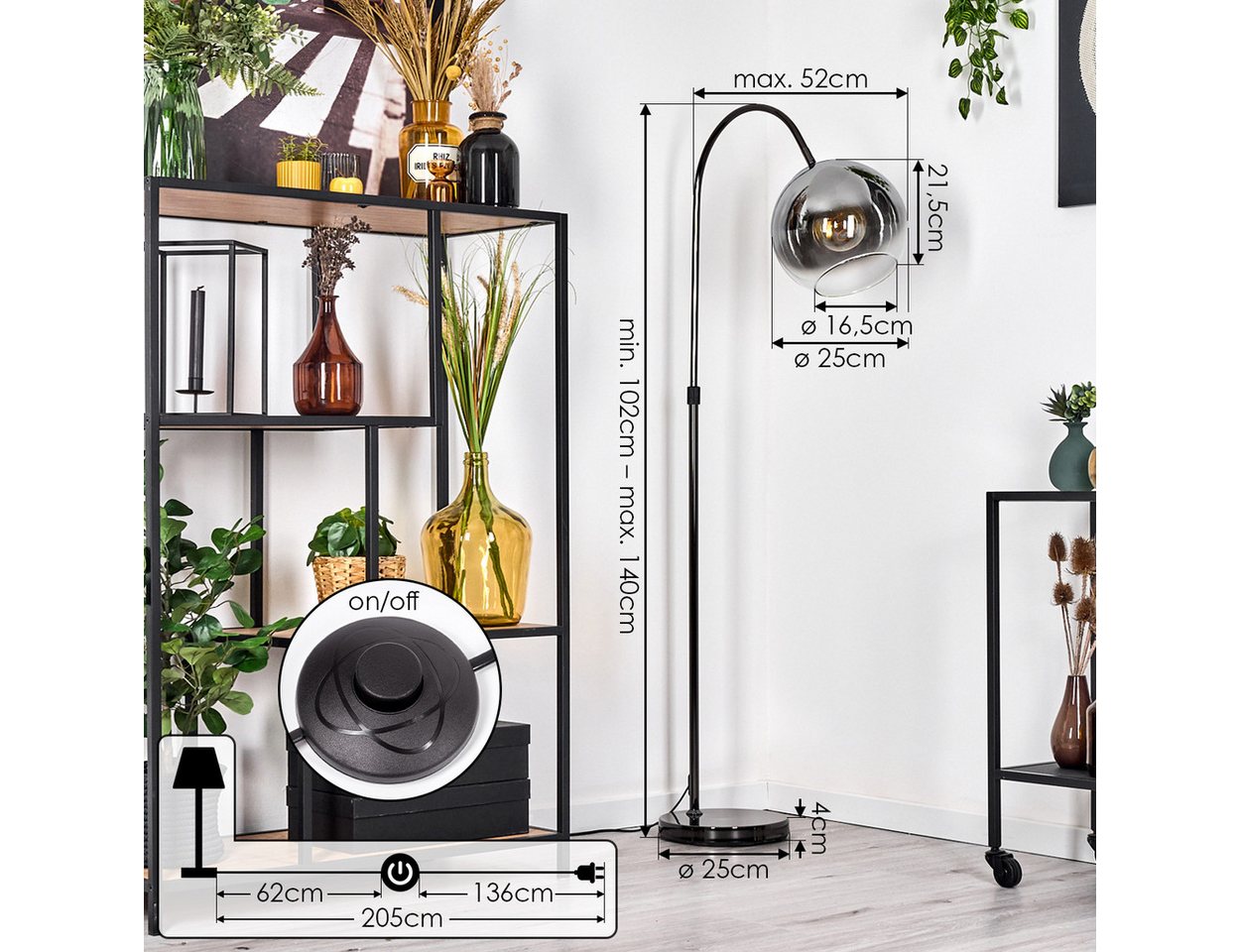 hofstein Bogenlampe Stehlampe aus Metall/Glas in Schwarz/Chrom-/Rauchfarben/Klar, verstellbare Stehleuchte im Retro-Design, Fußschalter, 140 cm, E27 Bild 3