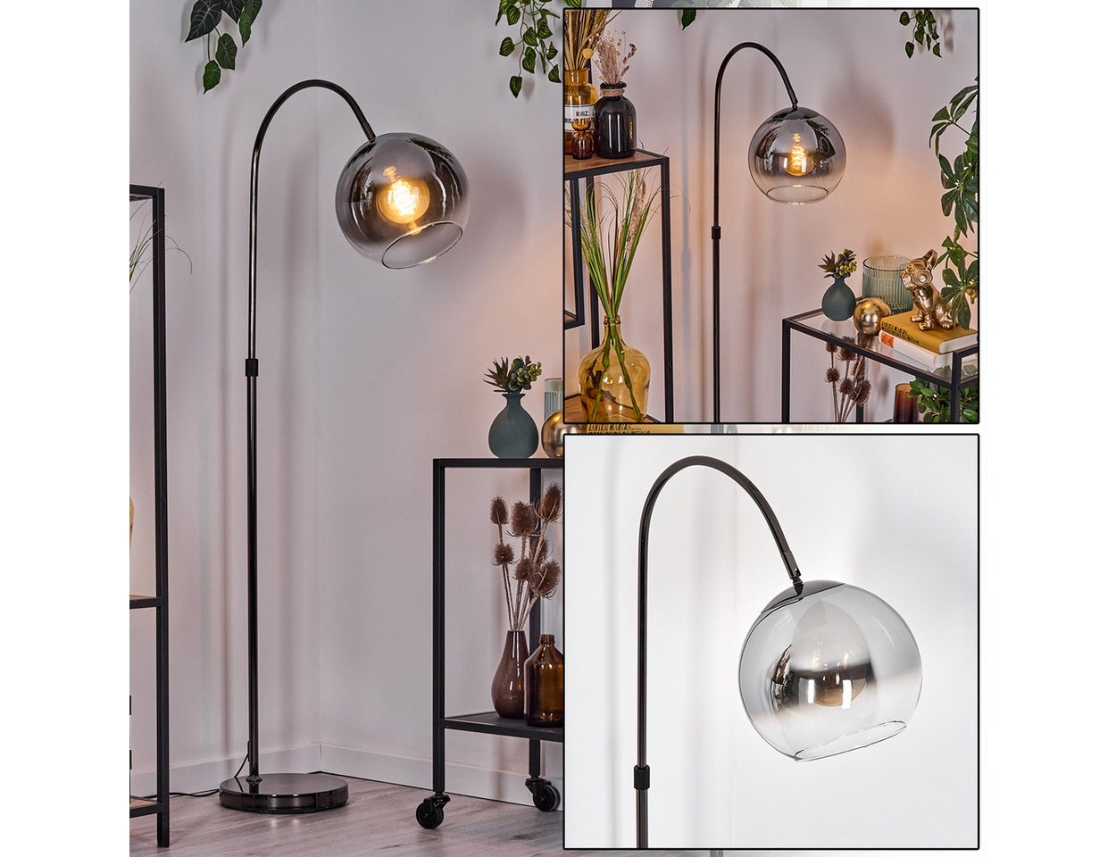 hofstein Bogenlampe Stehlampe aus Metall/Glas in Schwarz/Chrom-/Rauchfarben/Klar, verstellbare Stehleuchte im Retro-Design, Fußschalter, 140 cm, E27 Bild 4