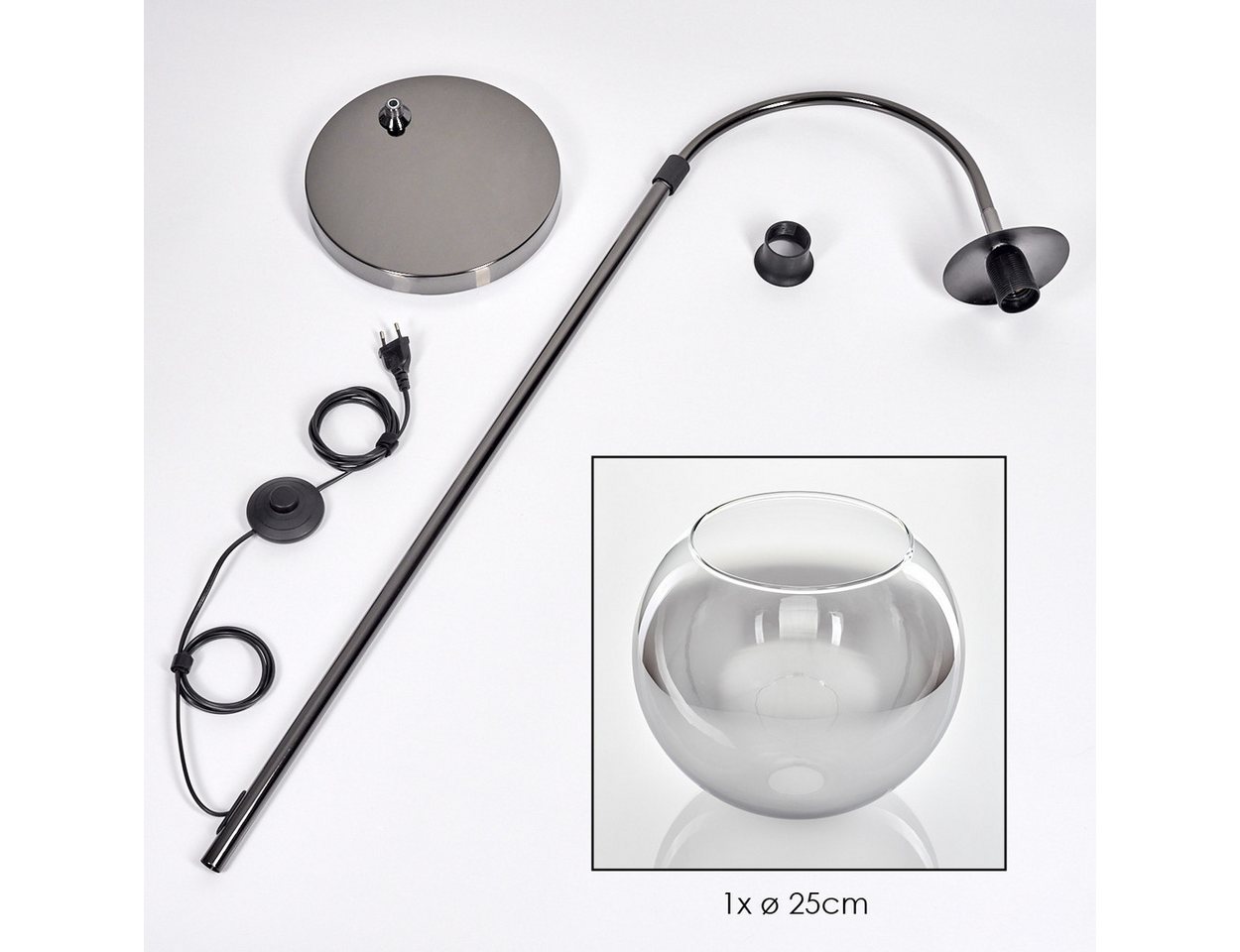 hofstein Bogenlampe Stehlampe aus Metall/Glas in Schwarz/Chrom-/Rauchfarben/Klar, verstellbare Stehleuchte im Retro-Design, Fußschalter, 140 cm, E27 Bild 5