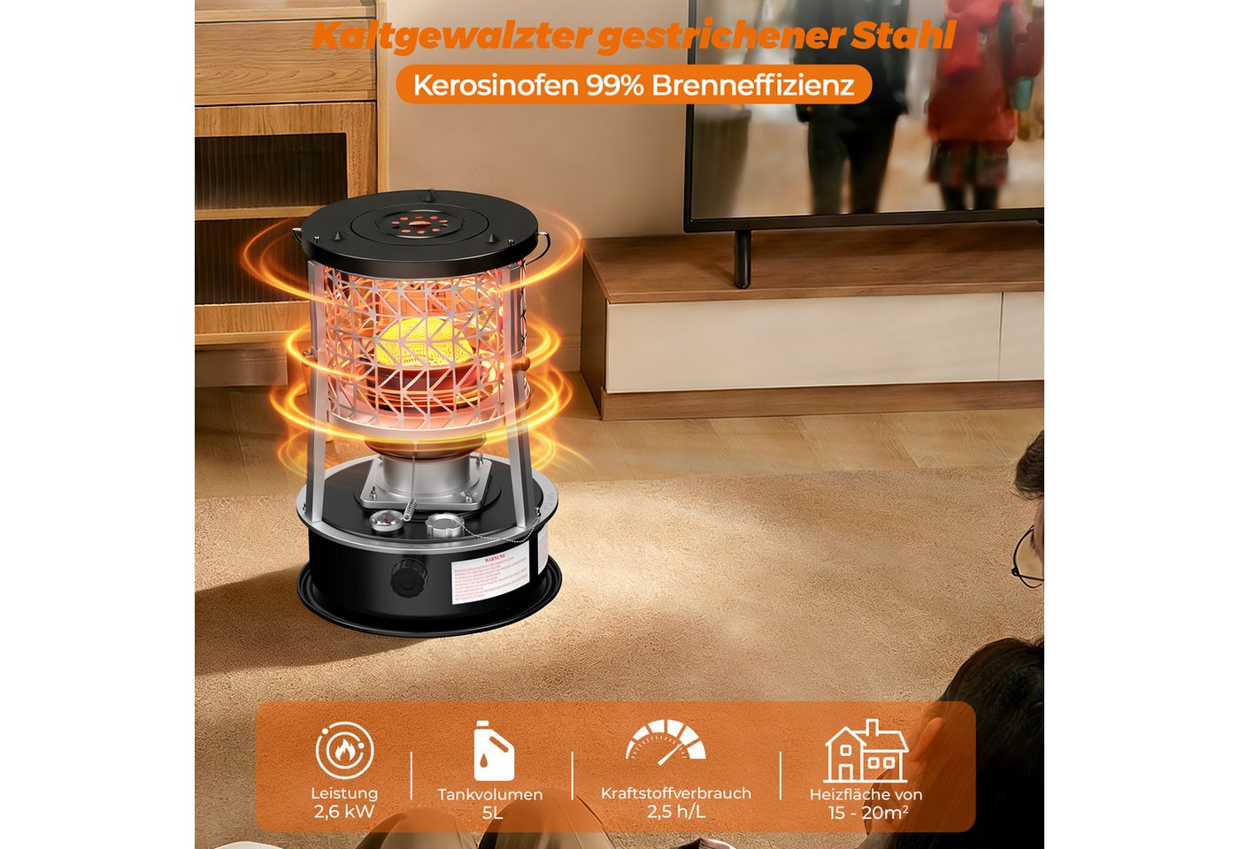 GLIESE Petroleumheizung Ölheizstrahler R95 mit Topf-Set für Wanderungen, Camping Picknicks, 2600 W, Petroleumheizung,Topf, Kaffeekanne,Bratpfann, Esslöffel, Schüsseln