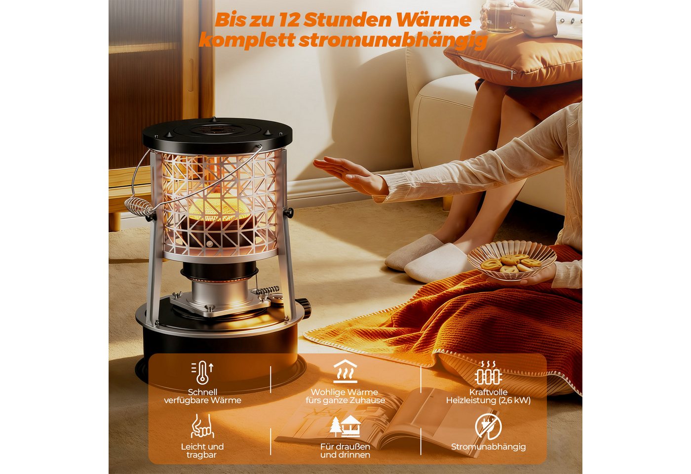 GLIESE Petroleumheizung Ölheizstrahler R95 mit Topf-Set für Wanderungen, Camping Picknicks, 2600 W, Petroleumheizung,Topf, Kaffeekanne,Bratpfann, Esslöffel, Schüsseln Bild 2