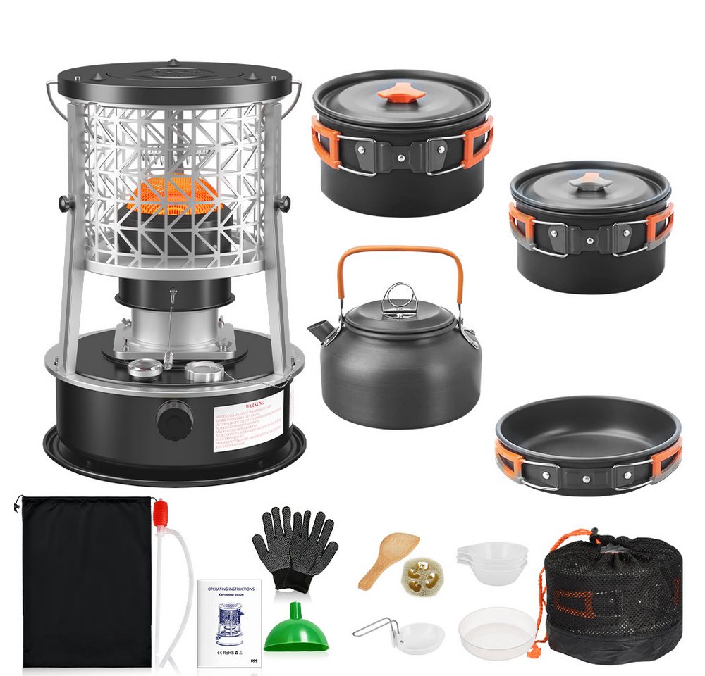 GLIESE Petroleumheizung Ölheizstrahler R95 mit Topf-Set für Wanderungen, Camping Picknicks, 2600 W, Petroleumheizung,Topf, Kaffeekanne,Bratpfann, Esslöffel, Schüsseln Bild 5