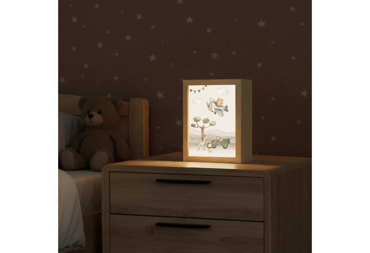 OnlyWow Nachttischlampe Lightbox Wildlife - Safari - Pastellfarben - Aquarell - Flugzeug - Mäd, Dimmbar, Farbwechsel, LED, Warmweiß, Kaltweiß, Neutralweiß Einstellbar, Kinderzimmer, Babyzimmer, Dimmbar, mit Kabel, Nachtlampe, LED Bild 2