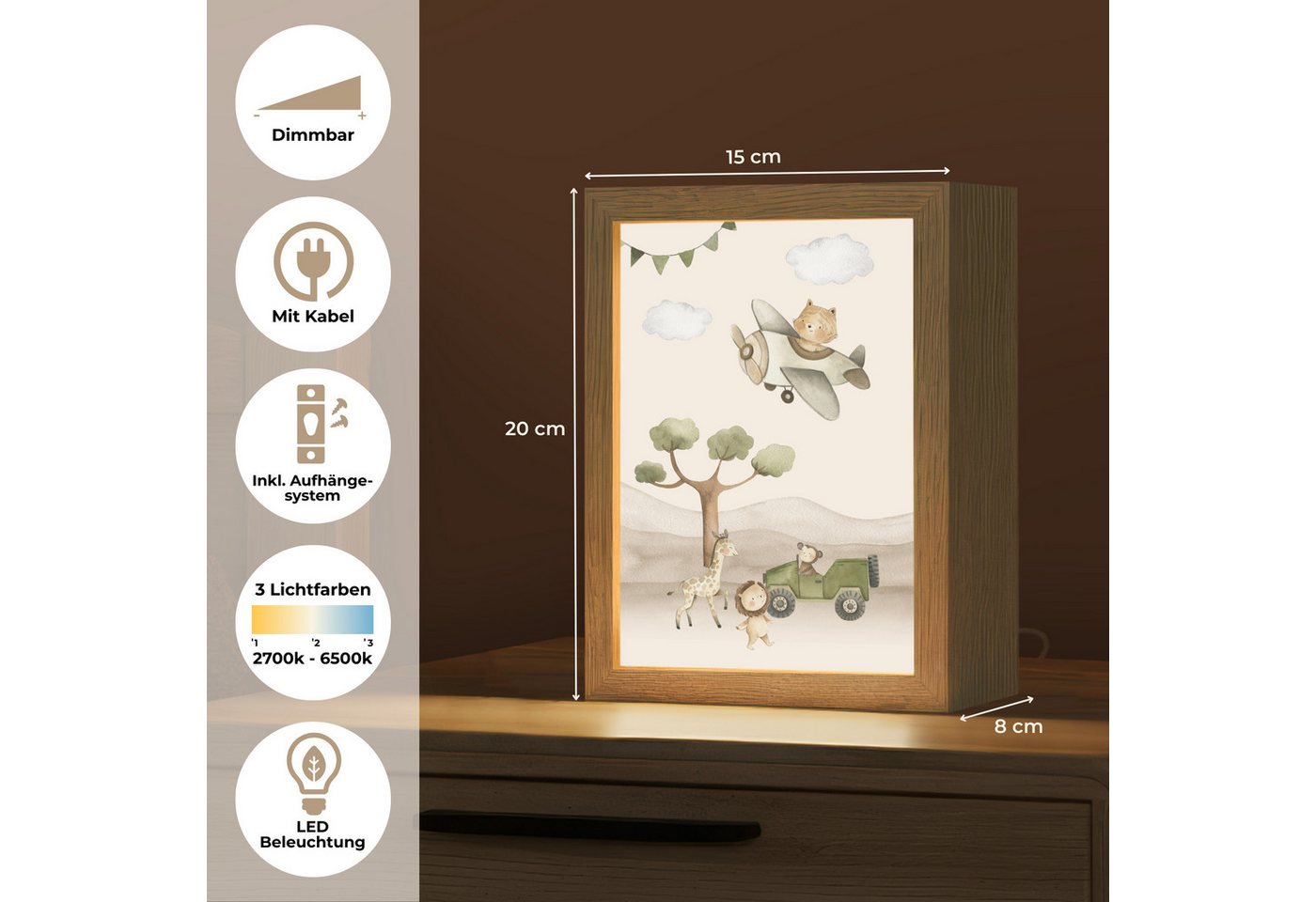 OnlyWow Nachttischlampe Lightbox Wildlife - Safari - Pastellfarben - Aquarell - Flugzeug - Mäd, Dimmbar, Farbwechsel, LED, Warmweiß, Kaltweiß, Neutralweiß Einstellbar, Kinderzimmer, Babyzimmer, Dimmbar, mit Kabel, Nachtlampe, LED Bild 3