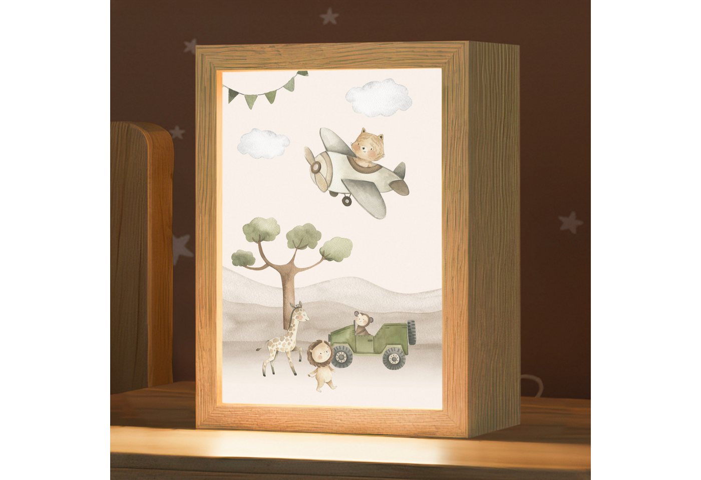 OnlyWow Nachttischlampe Lightbox Wildlife - Safari - Pastellfarben - Aquarell - Flugzeug - Mäd, Dimmbar, Farbwechsel, LED, Warmweiß, Kaltweiß, Neutralweiß Einstellbar, Kinderzimmer, Babyzimmer, Dimmbar, mit Kabel, Nachtlampe, LED Bild 4
