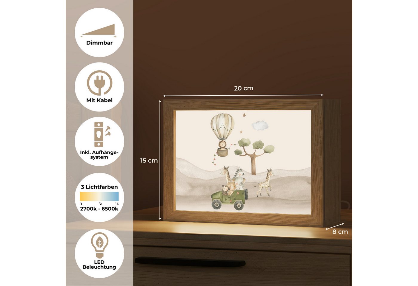OnlyWow Nachttischlampe Lightbox Wilde Tiere - Safari - Aquarell - Heißluftballon - Jungen, Dimmbar, Farbwechsel, LED, Warmweiß, Kaltweiß, Neutralweiß Einstellbar, Nachtlicht, Kinder- und Babyzimmer, Dimmbar, mit Kabel, Tischleuchte