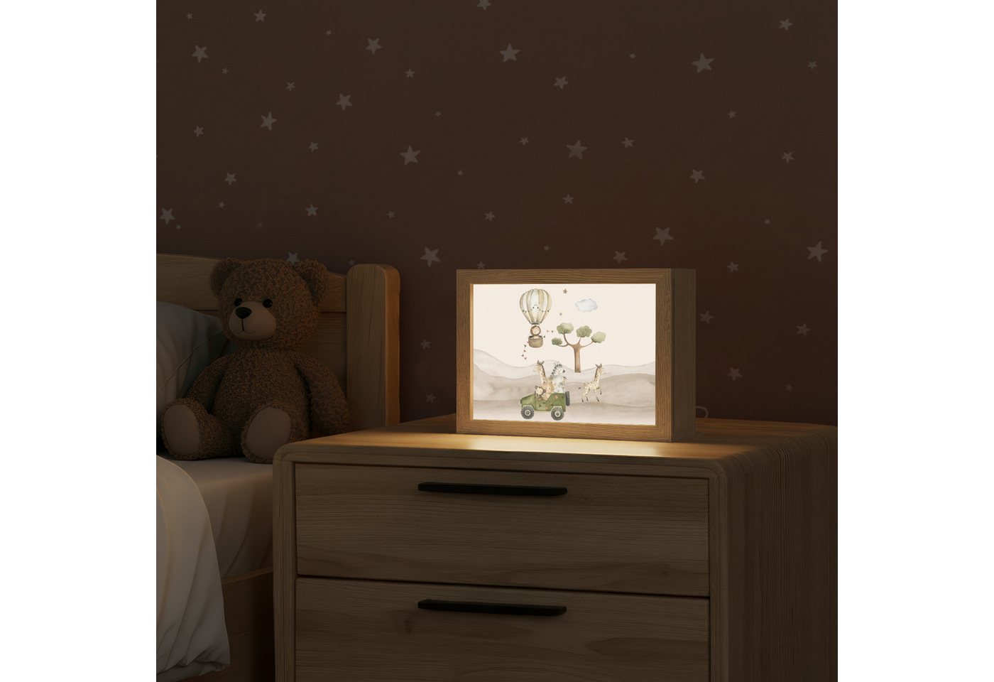 OnlyWow Nachttischlampe Lightbox Wilde Tiere - Safari - Aquarell - Heißluftballon - Jungen, Dimmbar, Farbwechsel, LED, Warmweiß, Kaltweiß, Neutralweiß Einstellbar, Nachtlicht, Kinder- und Babyzimmer, Dimmbar, mit Kabel, Tischleuchte Bild 2