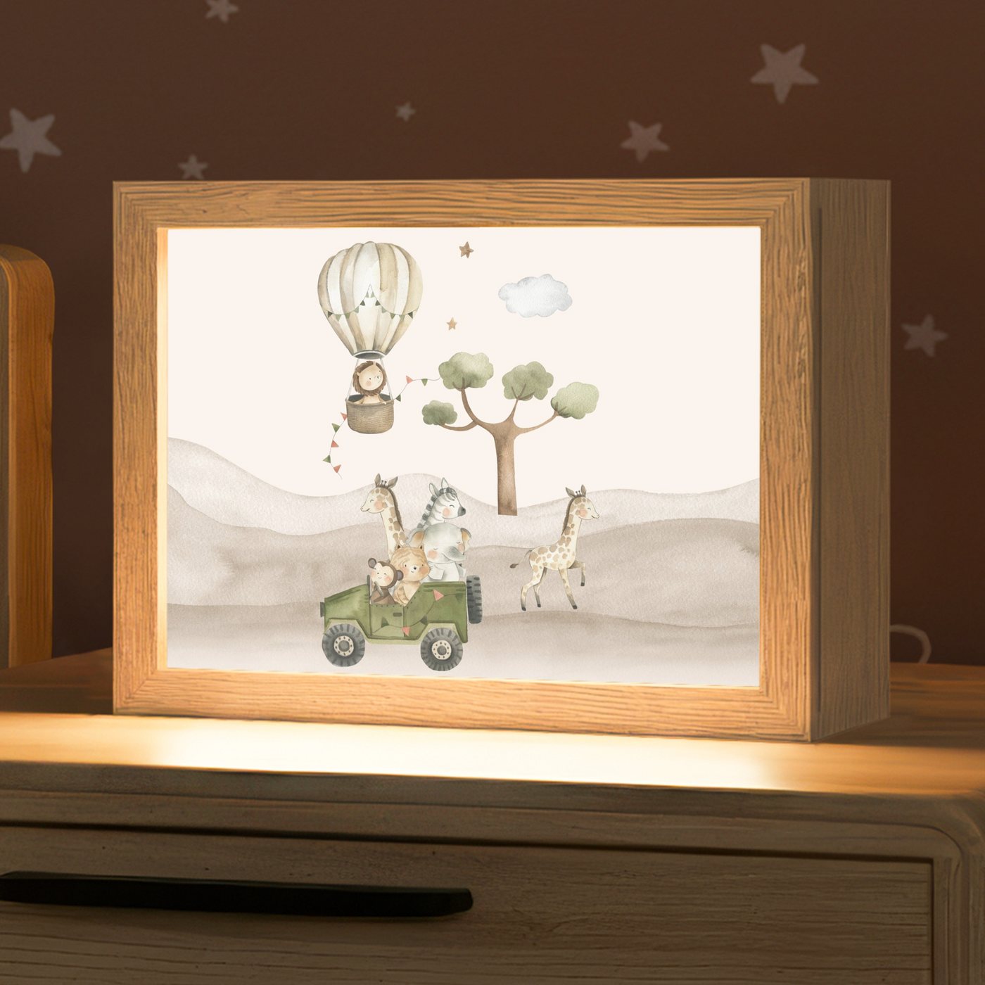 OnlyWow Nachttischlampe Lightbox Wilde Tiere - Safari - Aquarell - Heißluftballon - Jungen, Dimmbar, Farbwechsel, LED, Warmweiß, Kaltweiß, Neutralweiß Einstellbar, Nachtlicht, Kinder- und Babyzimmer, Dimmbar, mit Kabel, Tischleuchte Bild 3