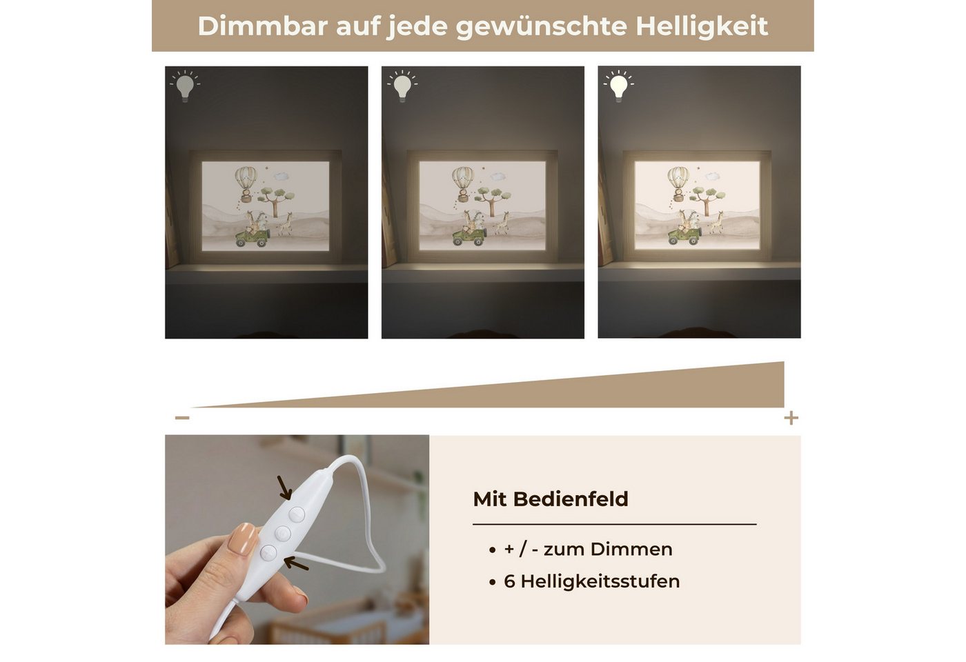 OnlyWow Nachttischlampe Lightbox Wilde Tiere - Safari - Aquarell - Heißluftballon - Jungen, Dimmbar, Farbwechsel, LED, Warmweiß, Kaltweiß, Neutralweiß Einstellbar, Nachtlicht, Kinder- und Babyzimmer, Dimmbar, mit Kabel, Tischleuchte Bild 5