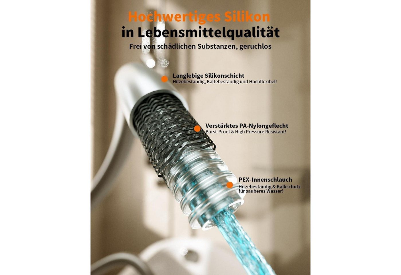LuxusKollektion Brauseschlauch Duschschlauch 2m Silikon Verdrehschutz Knickschutz Silber Chrom Bild 3