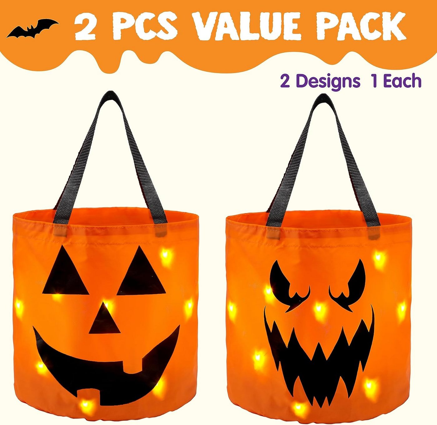JOYIN Geschenk-Tragetasche JOYIN 2 Halloween Süßigkeiten-Tüten mit LED, orange wiederverwendbar Bild 3