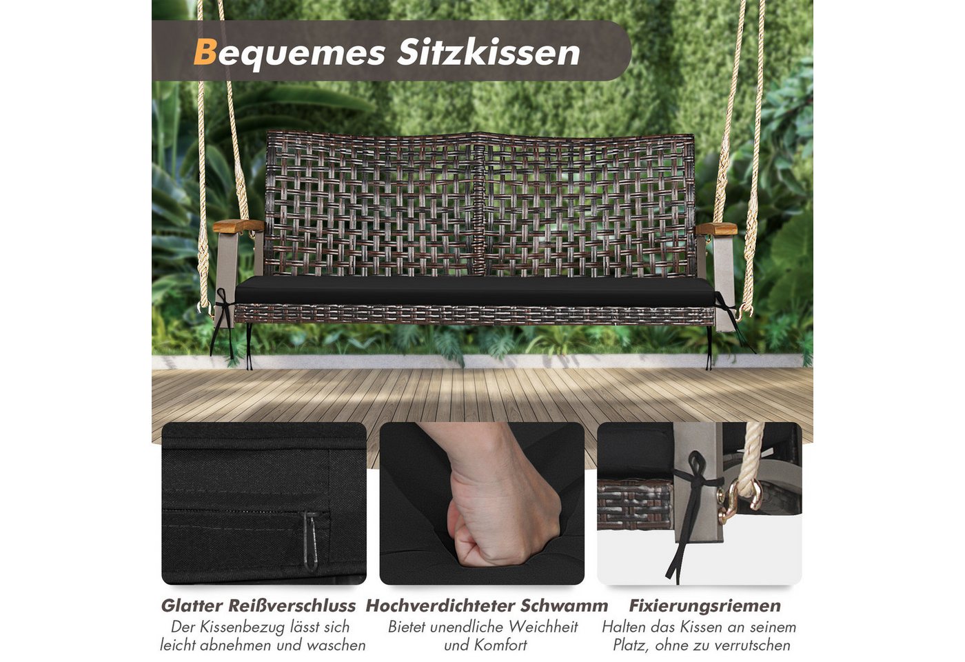 COSTWAY Hollywoodschaukel, 2-Sitzer, Schaukelbank Rattan mit Kissen, 360kg