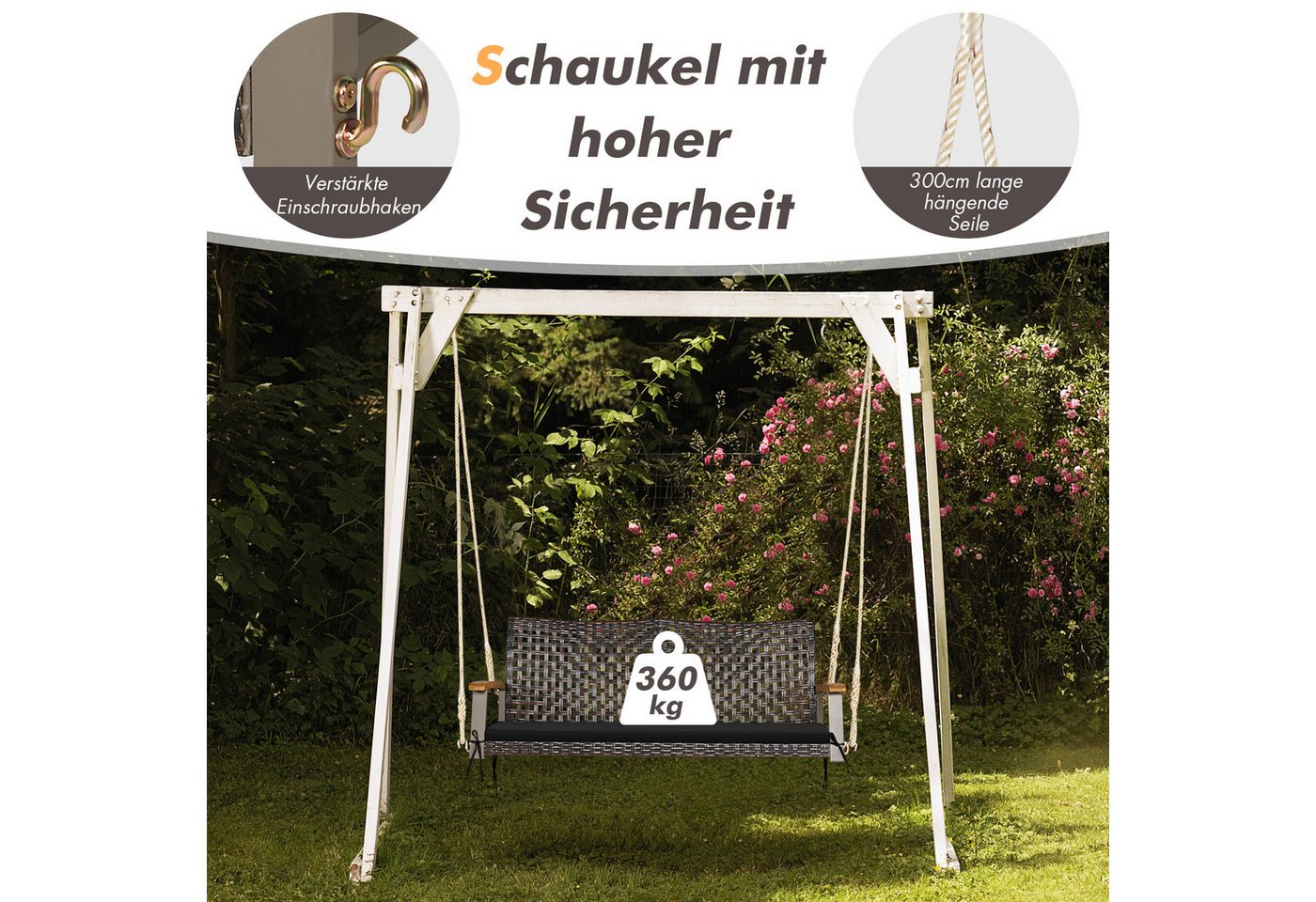 COSTWAY Hollywoodschaukel, 2-Sitzer, Schaukelbank Rattan mit Kissen, 360kg Bild 2