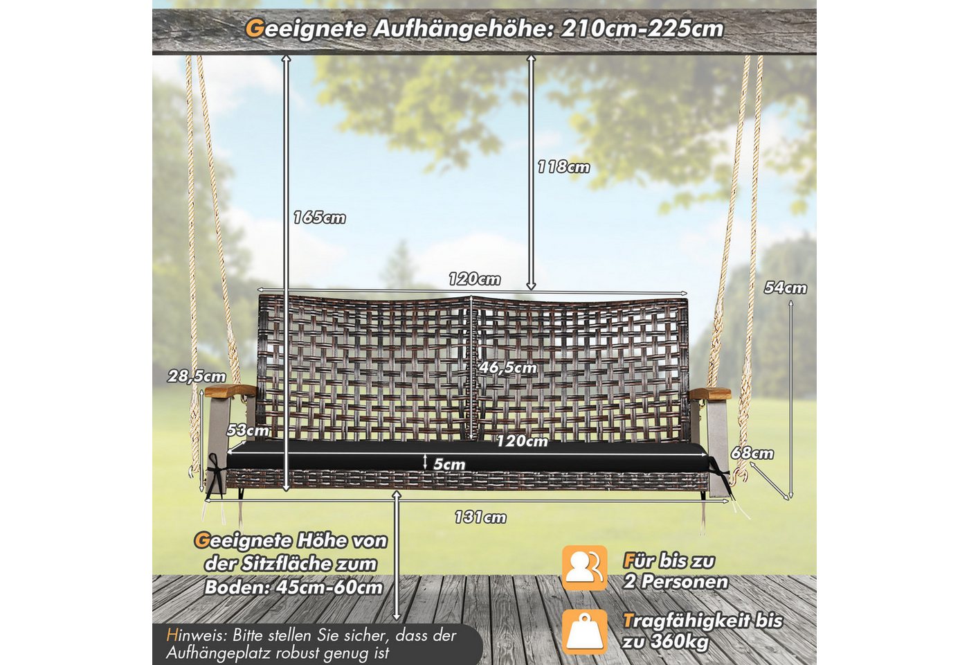 COSTWAY Hollywoodschaukel, 2-Sitzer, Schaukelbank Rattan mit Kissen, 360kg Bild 4