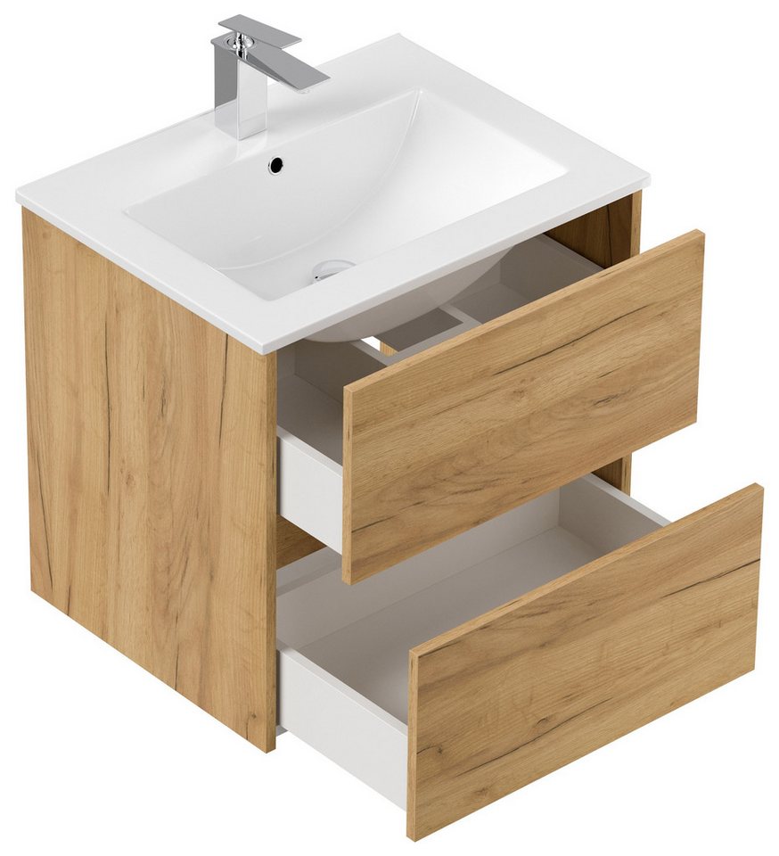 Magnolia Home Badmöbel-Set Badmöbelset Taifun 60cm 2tlg mit Spiegelschrank eiche gold