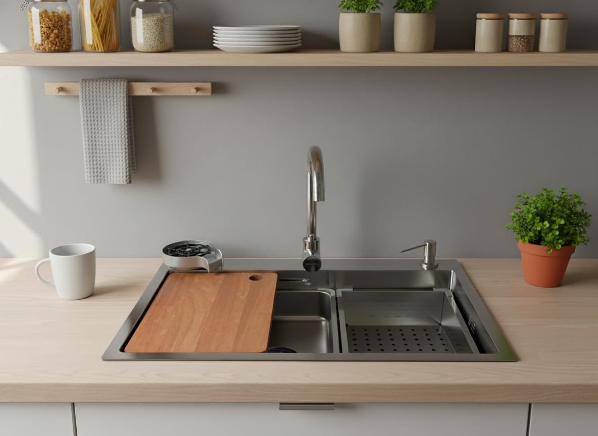 Faizee Home Edelstahlspüle Quantum Silber Edelstahlspüle 75x45 cm – Küchenspüle mit Zubehör