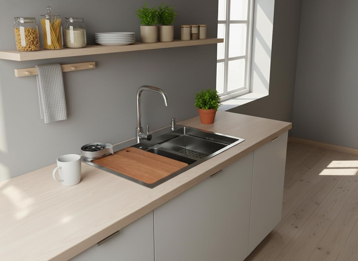 Faizee Home Edelstahlspüle Quantum Silber Edelstahlspüle 75x45 cm – Küchenspüle mit Zubehör Bild 2