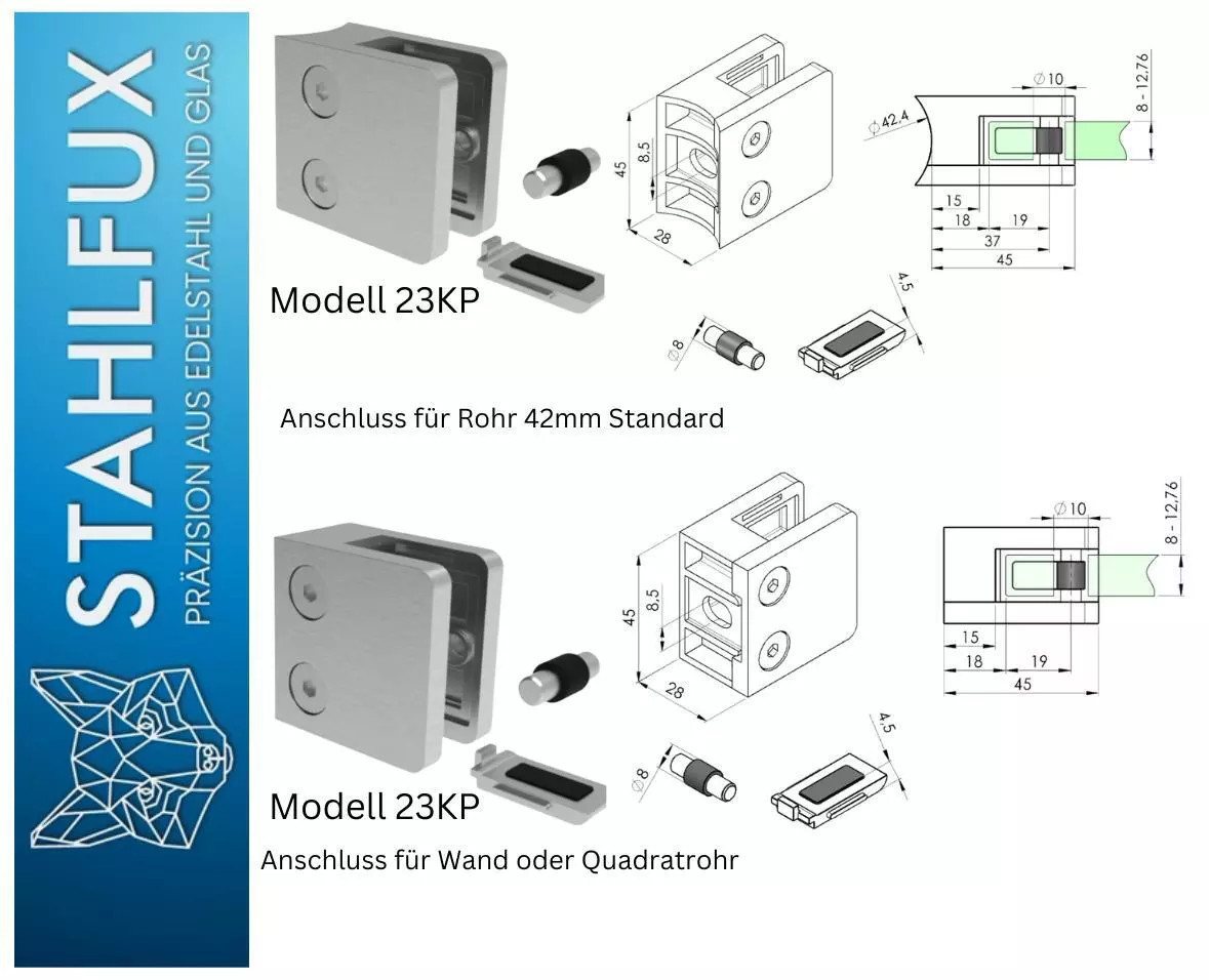 StahlFux Glaszaun Glashalter Glasklemme 8-12 mm, (Spar-Set, 1-St., für Glasscheiben), Optional mit Glasrutschschutzplatte und Sicherungsstiften ausgestattet