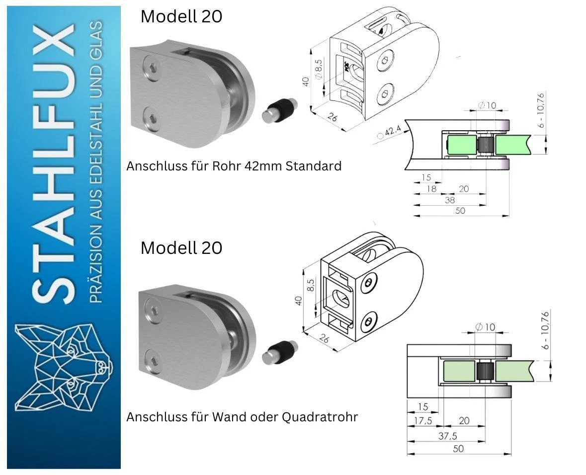 StahlFux Glaszaun Glashalter Glasklemme 8-12 mm, (Spar-Set, 1-St., für Glasscheiben), Optional mit Glasrutschschutzplatte und Sicherungsstiften ausgestattet Bild 3
