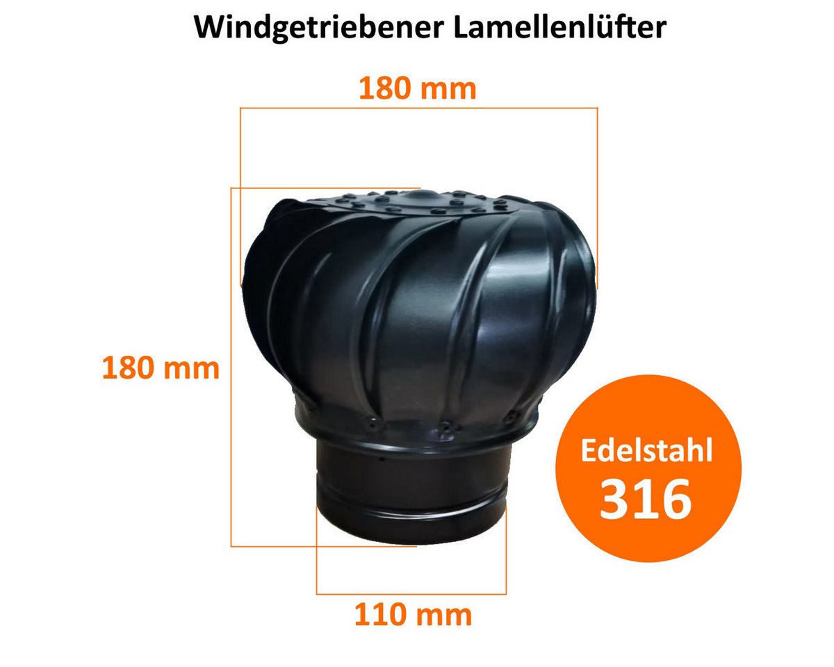 HAHN Handelshaus Turbinenlüfter Windgetriebener Dachventilator - DN 100/110 - Edelstahl 316 - Schwarz, Ø 110 mm, 1-tlg., Windgetrieben, Lamellenkopf, Edelstahl 316, Schwarz