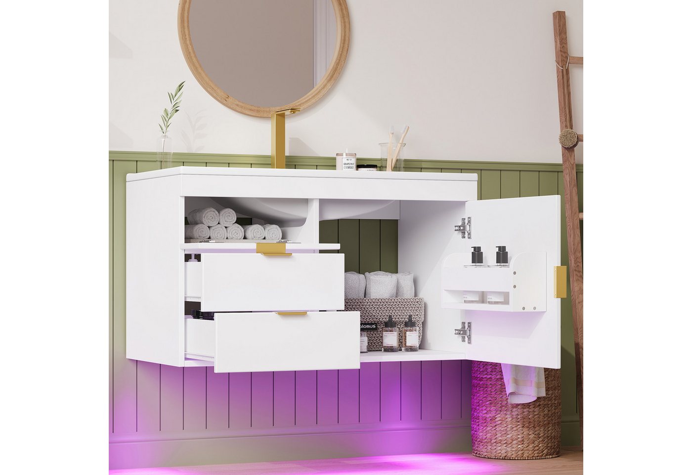 Flieks Waschtisch mit LED-Beleuchtung, Waschbeckenunterschrank inkl. Waschbecken (B76/T46/H51 cm, 1-St., wandhängend, Badschrank mit 2 Fächern Waschplatz Badzimmer), Badmöbel-Set mit Schubladen und Türablagen Badezimmerschrank Weiß
