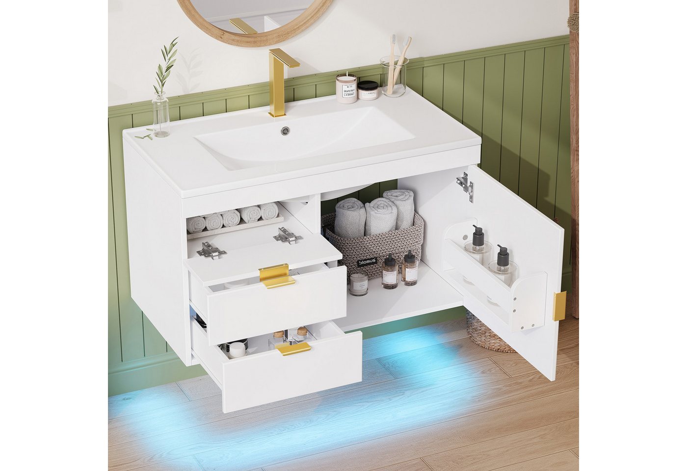 Flieks Waschtisch mit LED-Beleuchtung, Waschbeckenunterschrank inkl. Waschbecken (B76/T46/H51 cm, 1-St., wandhängend, Badschrank mit 2 Fächern Waschplatz Badzimmer), Badmöbel-Set mit Schubladen und Türablagen Badezimmerschrank Weiß Bild 2