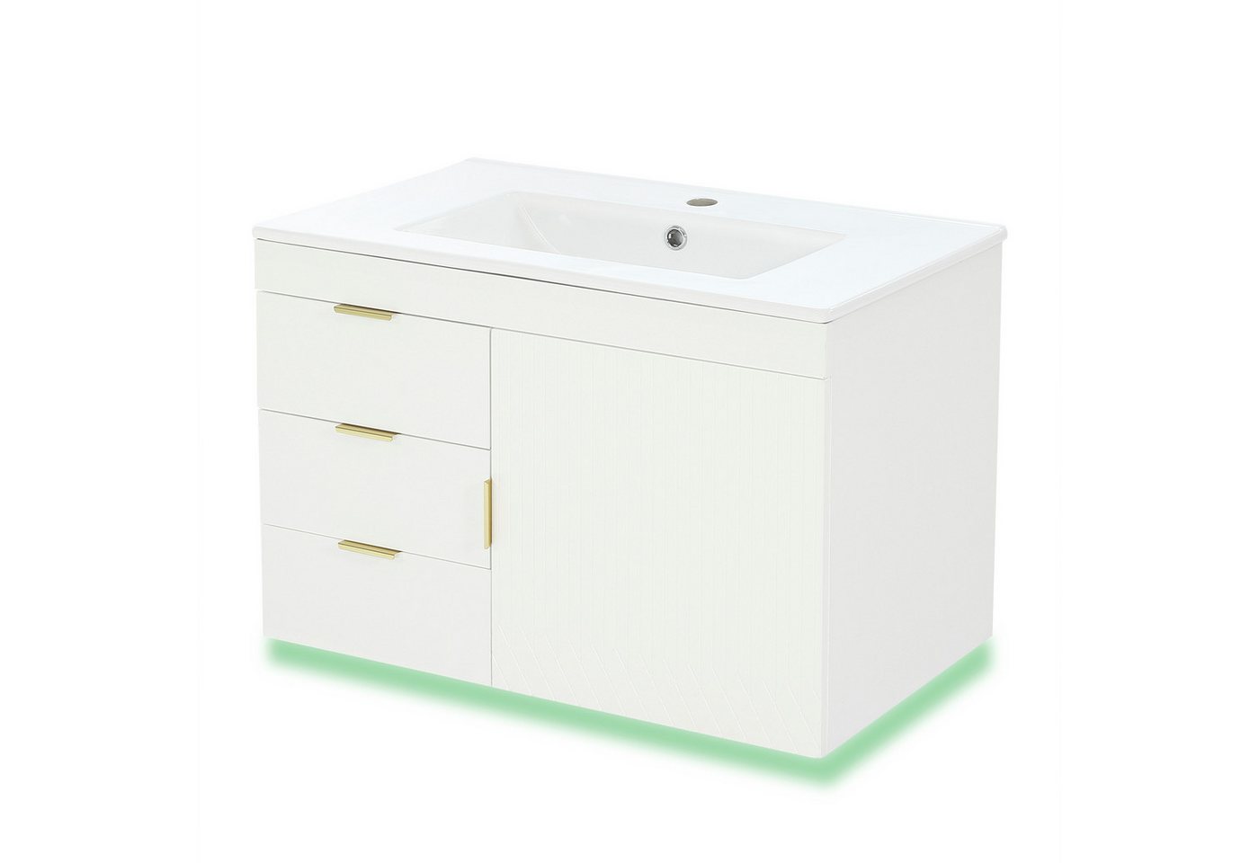 Flieks Waschtisch mit LED-Beleuchtung, Waschbeckenunterschrank inkl. Waschbecken (B76/T46/H51 cm, 1-St., wandhängend, Badschrank mit 2 Fächern Waschplatz Badzimmer), Badmöbel-Set mit Schubladen und Türablagen Badezimmerschrank Weiß Bild 3