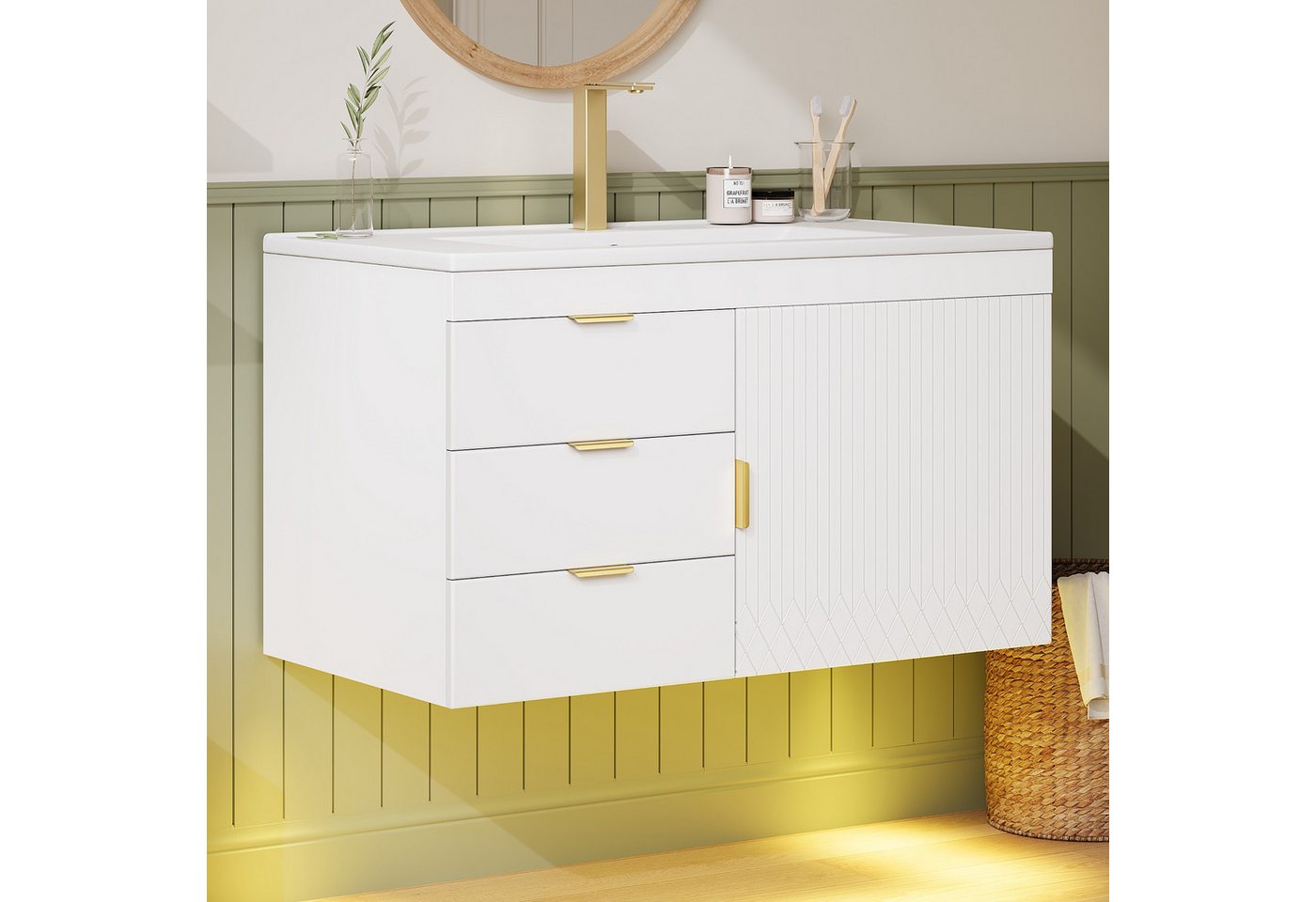 Flieks Waschtisch mit LED-Beleuchtung, Waschbeckenunterschrank inkl. Waschbecken (B76/T46/H51 cm, 1-St., wandhängend, Badschrank mit 2 Fächern Waschplatz Badzimmer), Badmöbel-Set mit Schubladen und Türablagen Badezimmerschrank Weiß Bild 4