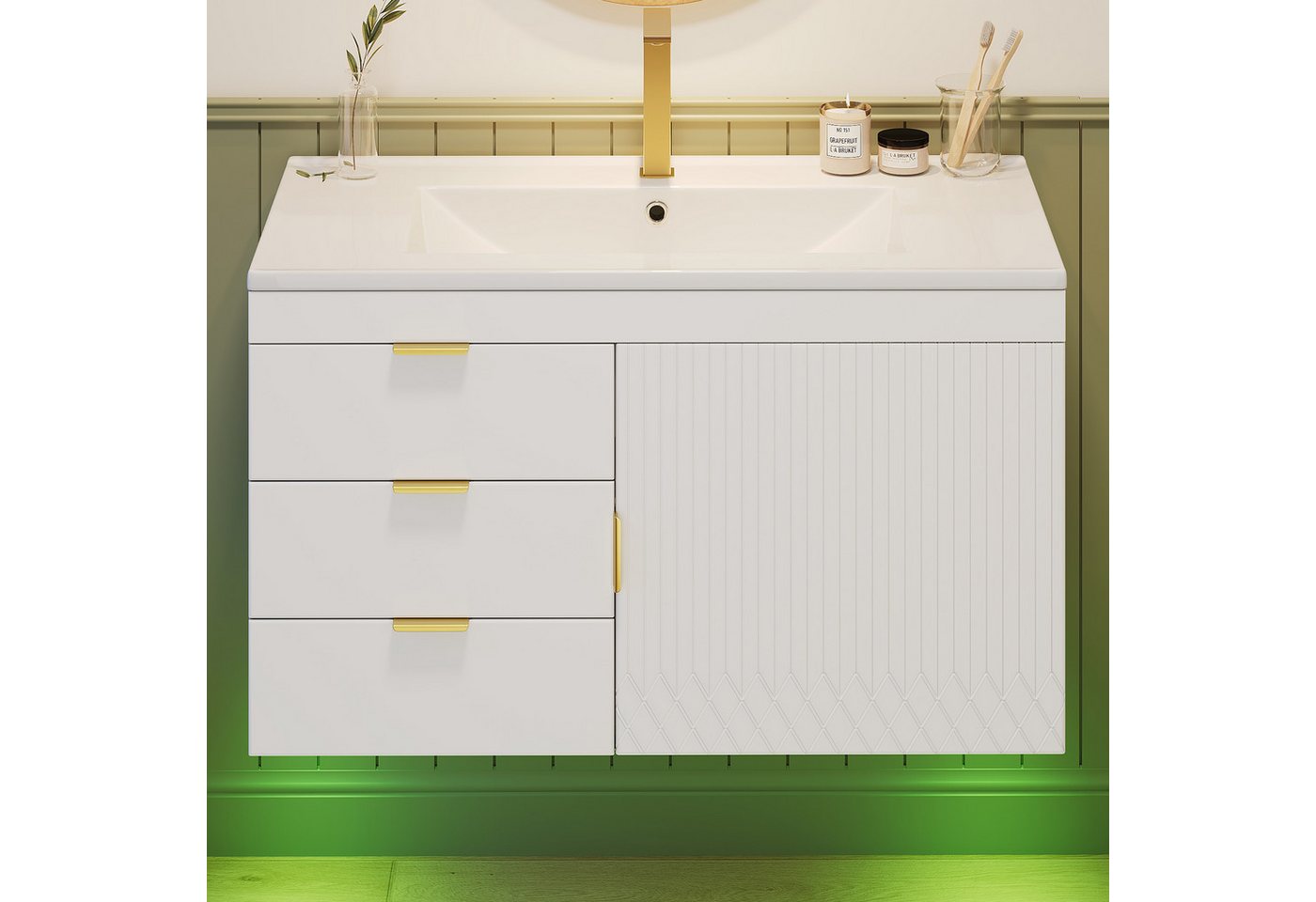 Flieks Waschtisch mit LED-Beleuchtung, Waschbeckenunterschrank inkl. Waschbecken (B76/T46/H51 cm, 1-St., wandhängend, Badschrank mit 2 Fächern Waschplatz Badzimmer), Badmöbel-Set mit Schubladen und Türablagen Badezimmerschrank Weiß Bild 5