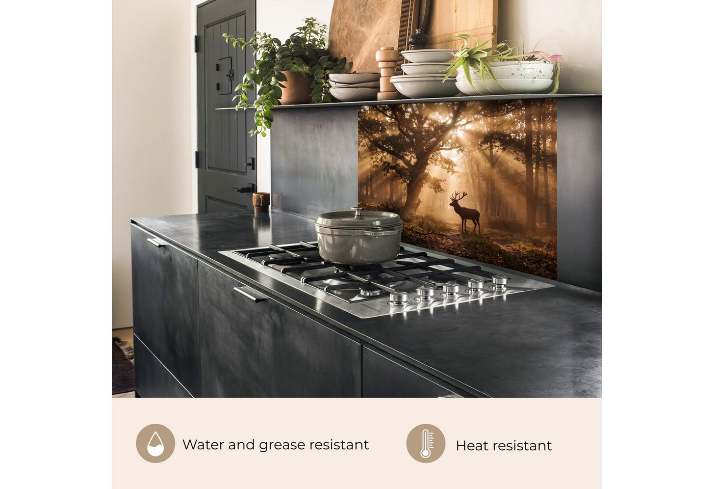 KitchenYeah Küchenrückwand selbstklebend (keine Folie) Hirsch - Wald - Neblig - Natur - Gold, (1-tlg), Spritzschutz, Küche, Rückwand, Küchenwand, Küchenfront, 80x60 cm
