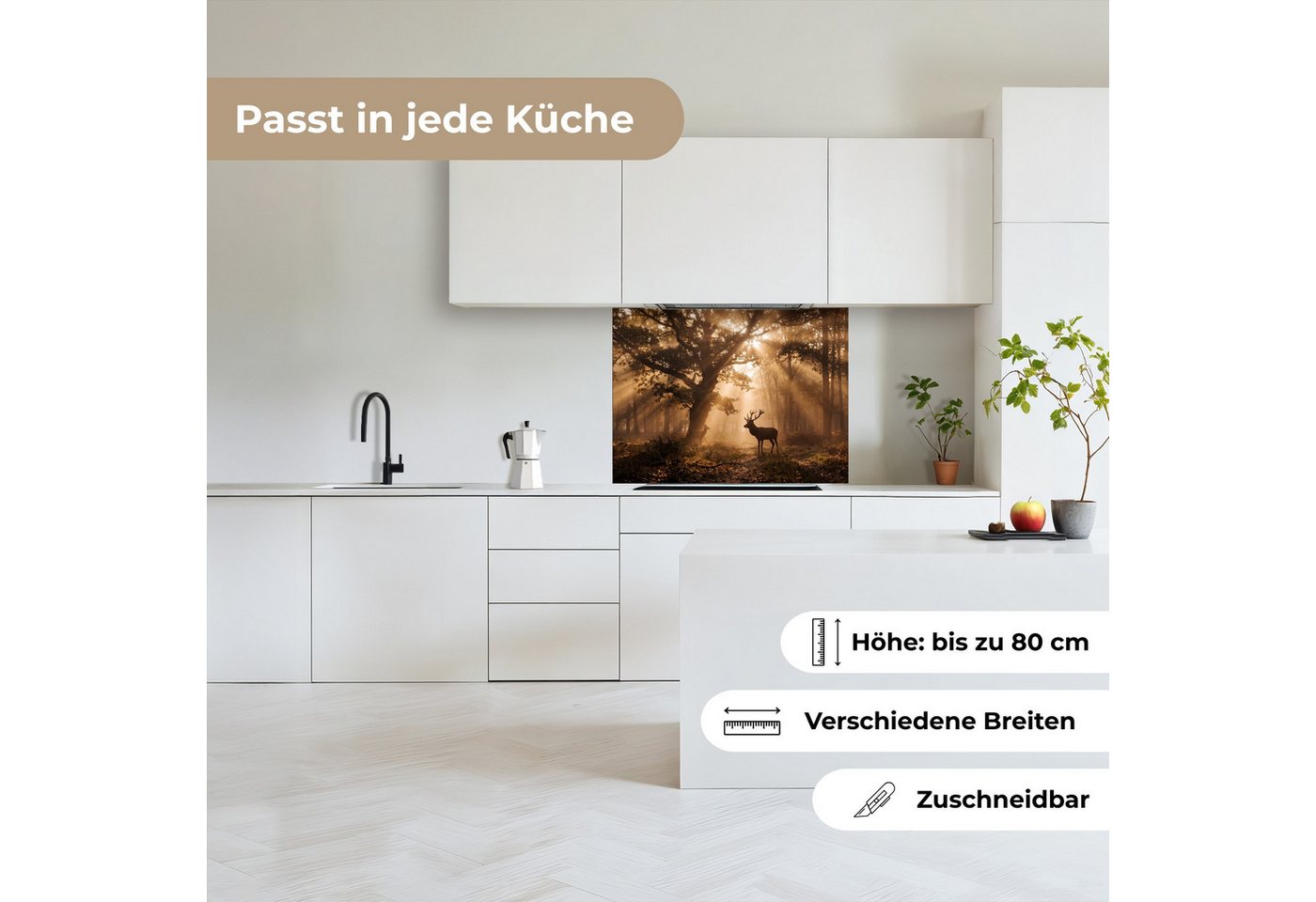 KitchenYeah Küchenrückwand selbstklebend (keine Folie) Hirsch - Wald - Neblig - Natur - Gold, (1-tlg), Spritzschutz, Küche, Rückwand, Küchenwand, Küchenfront, 80x60 cm Bild 2