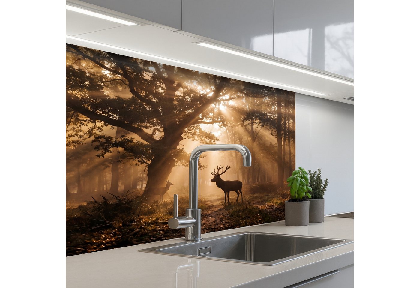 KitchenYeah Küchenrückwand selbstklebend (keine Folie) Hirsch - Wald - Neblig - Natur - Gold, (1-tlg), Spritzschutz, Küche, Rückwand, Küchenwand, Küchenfront, 80x60 cm Bild 3