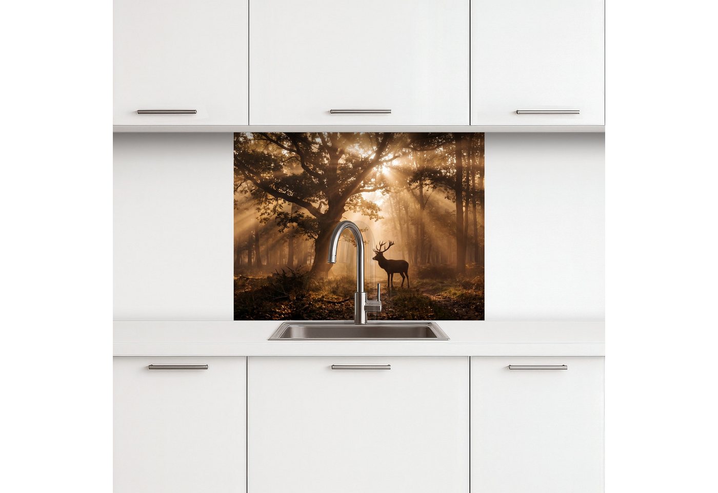 KitchenYeah Küchenrückwand selbstklebend (keine Folie) Hirsch - Wald - Neblig - Natur - Gold, (1-tlg), Spritzschutz, Küche, Rückwand, Küchenwand, Küchenfront, 80x60 cm Bild 4