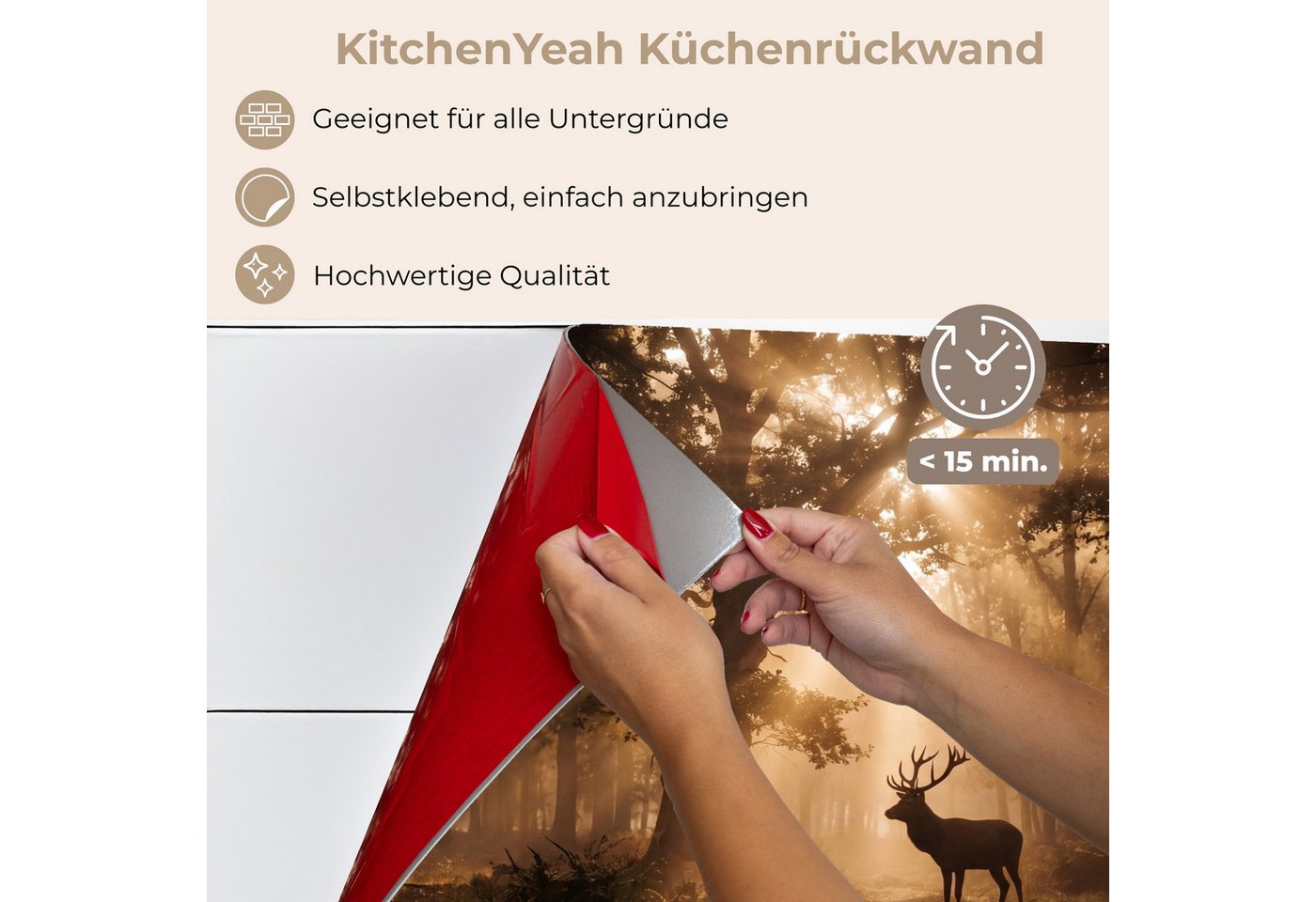 KitchenYeah Küchenrückwand selbstklebend (keine Folie) Hirsch - Wald - Neblig - Natur - Gold, (1-tlg), Spritzschutz, Küche, Rückwand, Küchenwand, Küchenfront, 80x60 cm Bild 5