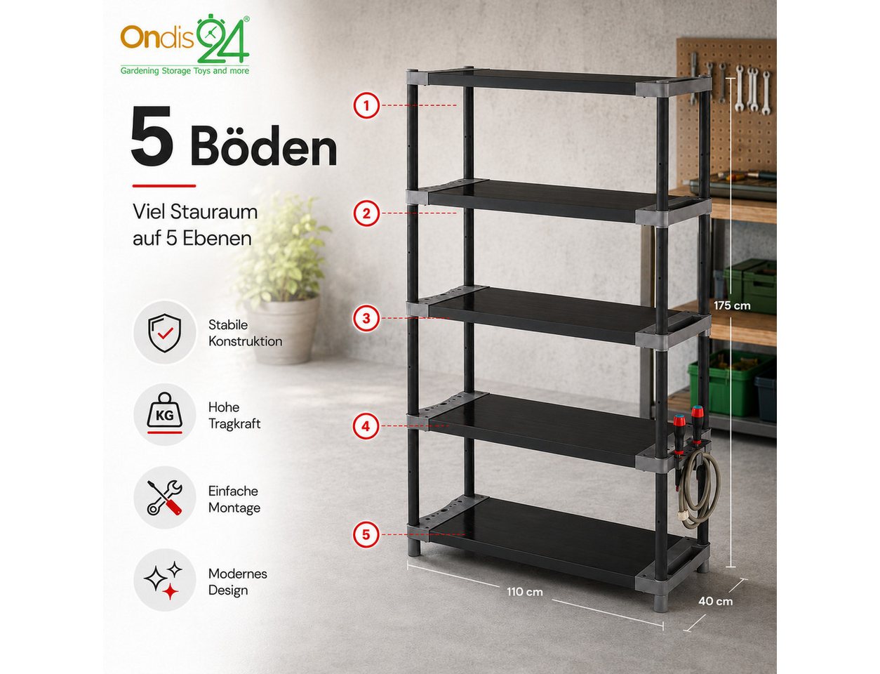 ONDIS24 Schwerlastregal Lagerregal Steckregal Kunststoffregal Qualipro 175 cm hoch, je 5 Böden bis gesamt 600/750 kg belastbar, mit Halterungen Bild 2