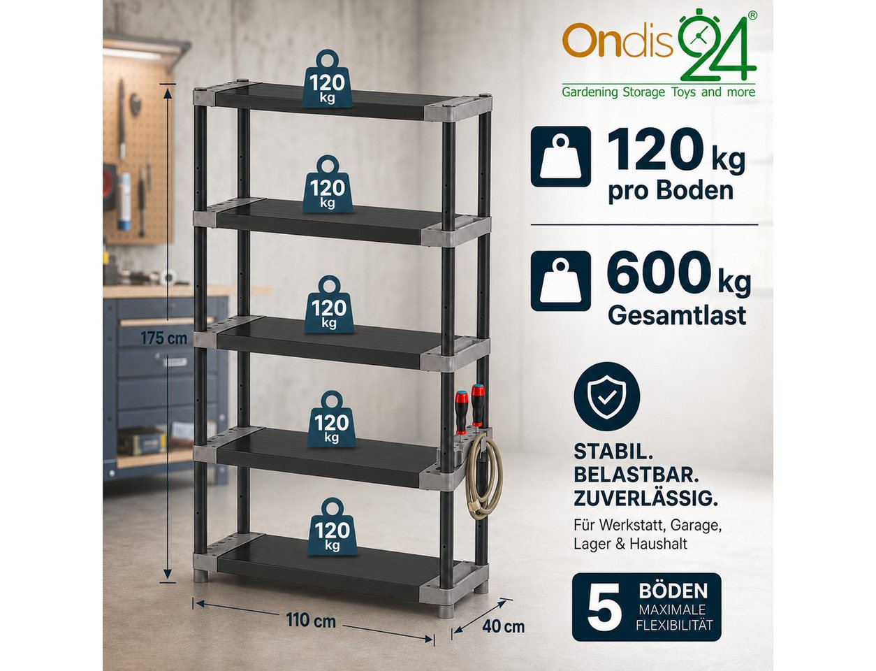 ONDIS24 Schwerlastregal Lagerregal Steckregal Kunststoffregal Qualipro 175 cm hoch, je 5 Böden bis gesamt 600/750 kg belastbar, mit Halterungen Bild 5
