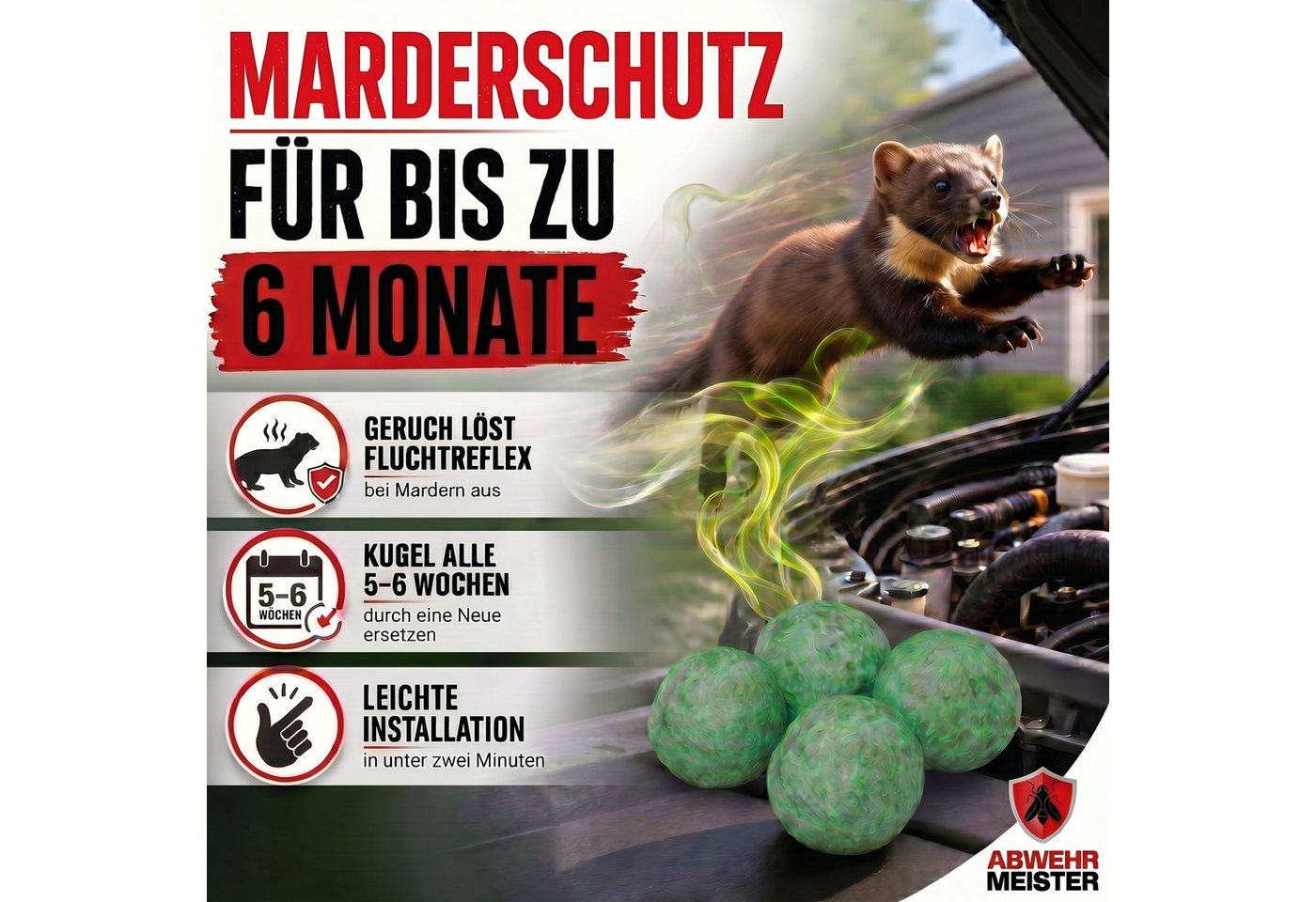 ABWEHR MEISTER Vergrämungsmittel ORIGINAL Marderschreck-Kugeln, Set, 4-St., Marderschutz für bis zu 6 Monate Bild 3