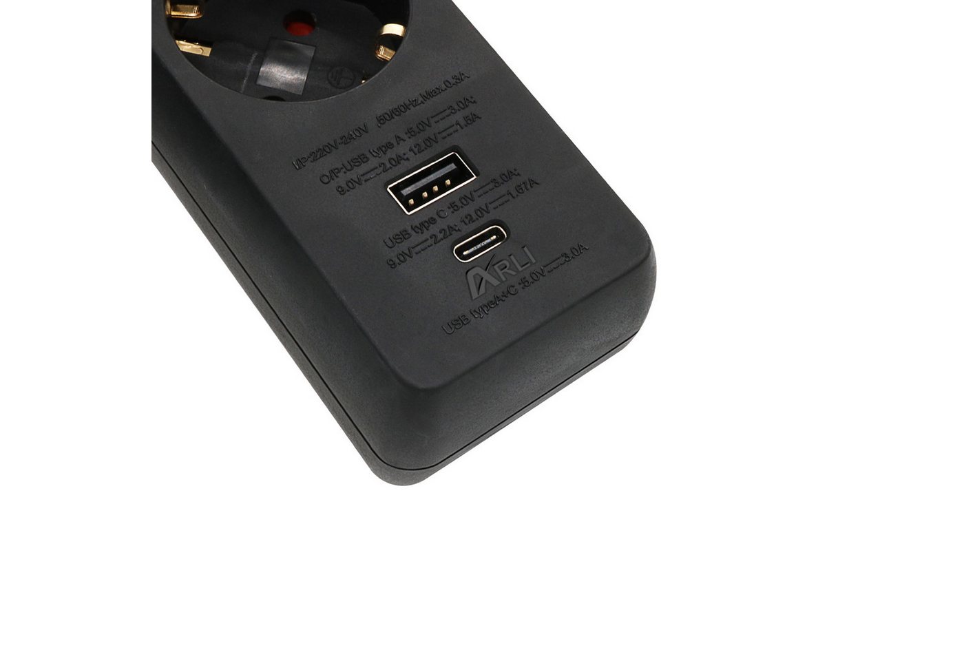 ARLI 1,5m Steckdosenleiste schwarz 5 fach mit USB-A + USB-C Steckdosenleiste 7-fach (Schutzkontaktstecker, EIN / AUS Schalter, Kindersicherung, Kabellänge 5 m), flacher Winkelstecker Bild 2