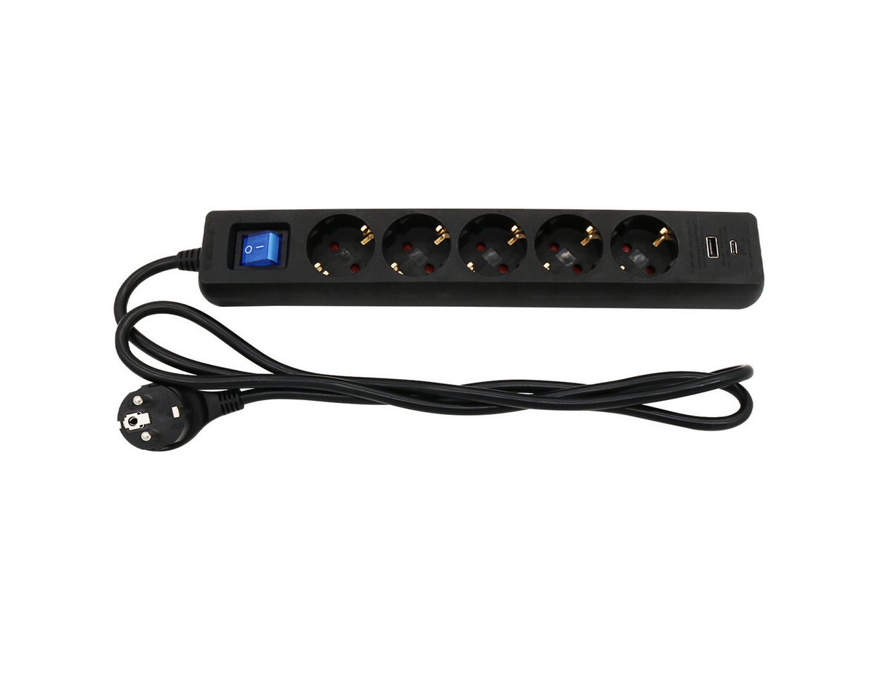 ARLI 1,5m Steckdosenleiste schwarz 5 fach mit USB-A + USB-C Steckdosenleiste 7-fach (Schutzkontaktstecker, EIN / AUS Schalter, Kindersicherung, Kabellänge 5 m), flacher Winkelstecker Bild 3