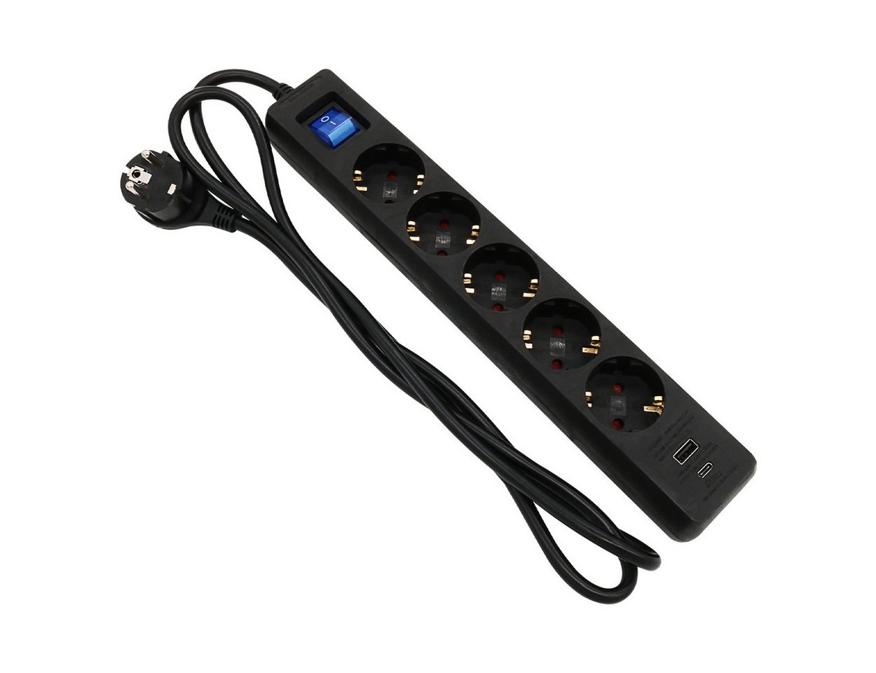 ARLI 1,5m Steckdosenleiste schwarz 5 fach mit USB-A + USB-C Steckdosenleiste 7-fach (Schutzkontaktstecker, EIN / AUS Schalter, Kindersicherung, Kabellänge 5 m), flacher Winkelstecker Bild 5
