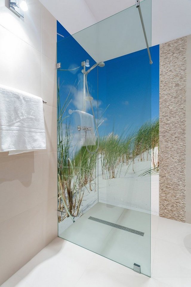 Wallario Duschrückwand Düne am Strand unter blauem Himmel, (2-tlg)