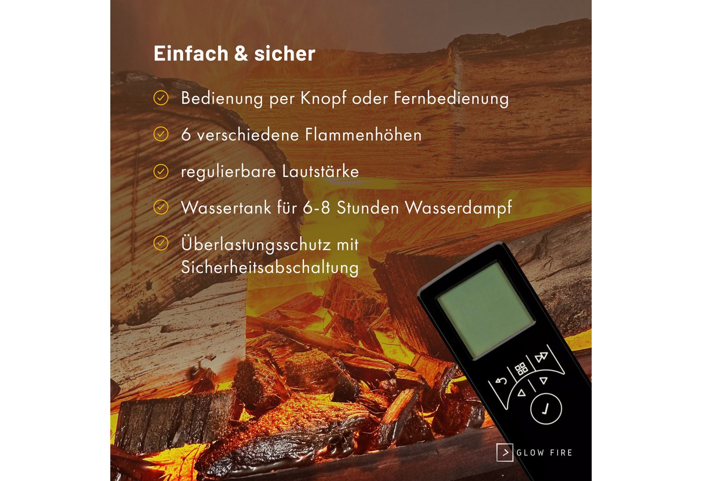 GLOW FIRE Elektrokamin OGF 1 Wasserdampf Kamin, Standkamin, Elektrischer Kamin, Wasserdampfkamin mit 3D Feuer und Knisterfunktion