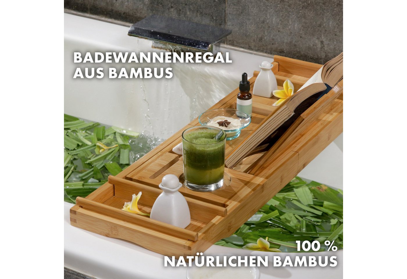 Floordirekt Badewannenablage aus Bambus Oklahoma, Ausziehbares Badewannentablett, Stilvoller Komfort für entspannende Badezeiten Bild 3